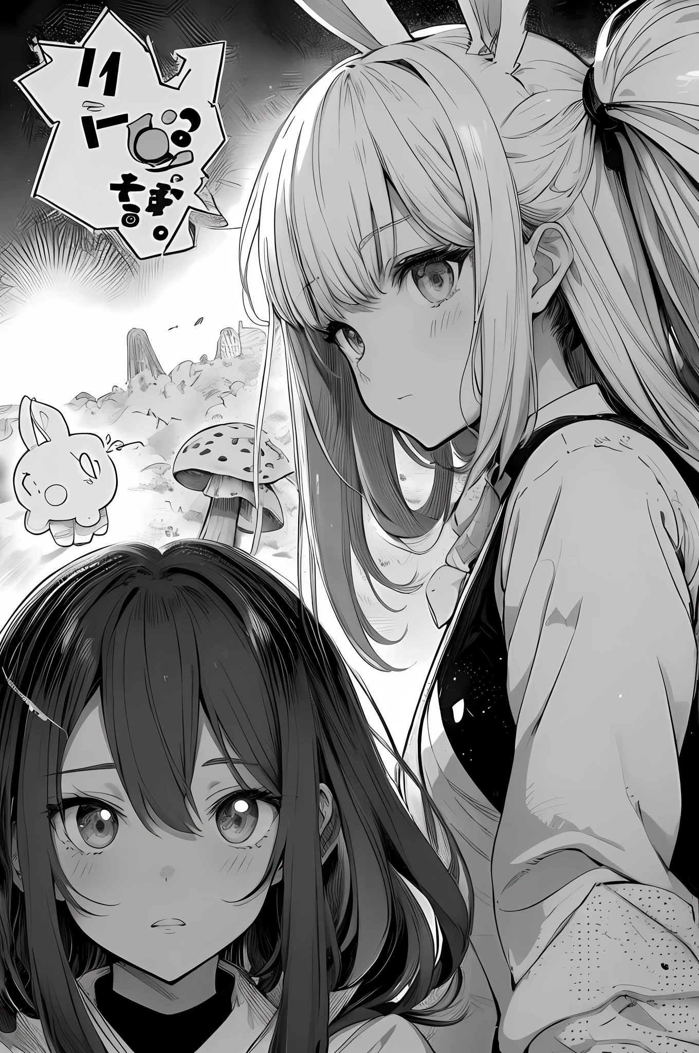 (teenage girls), (lots of mushrooms) (two girls), (white rabbit ears), Incorporating manga-style speech bubbles is often expressive and visually integrated with other art. Break design a manga-style background with hatching or pointillism effects to give depth and texture to the scene. Break designs images using manga-style screentones and creates shading and patterns through small dots, lines, or other repetitive shapes. Breaking incorporates manga-style speech bubbles that are often expressive and visually integrated with other art. Break is a panel layout unique to manga that guides the reader's eyes and controls the pace of the story to explain the image.