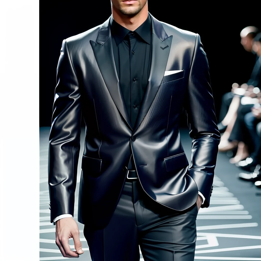 a hyper realistic ultra detailed photograph of a handsome male supermodel walking down a runway at a Giorgio Armani Fashion Show, stunningly handsome fitted young manin very high slit shiny material classic suits, spotlight, detailed symmetric beautiful hazel eyes, haute couture, masculine and handsome face, trending on cg society, official Armani editorial, moonlight, medium symmetry, behance contest winner, portrait featured on unsplash, stylized digital art, smooth, ultra high definition, 8k, unreal engine 5, ultra sharp focus, award-winning photograph, Canon EOS 5D Mark IV DSLR, f/8, ISO 100, 1/250 second, TanvirTamim, trending on artstation, by artgerm, h. r. giger and beksinski, highly detailed, vibrant