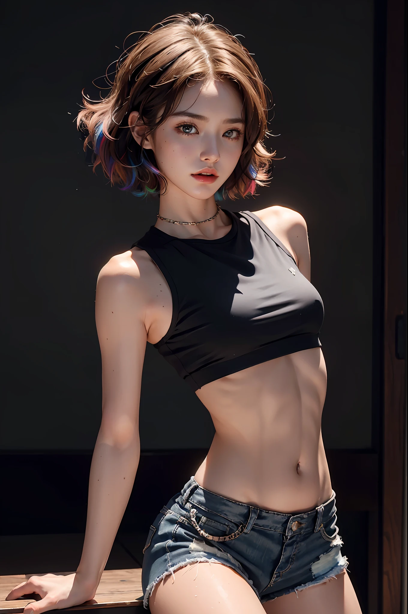 ((medium chest, tomboy, small head)), (cut abs: 1.1), (perfect body: 1.1), (short wavy hair: 1.2), auburn hair, collar, chain, full body, workout , sweat, femboy, futa ((shorts)), (extremely detailed CG 8k wallpaper), (extremely delicate and beautiful), (masterpiece), (best quality: 1.0), (ultra high resolution: 1.0), beautiful lighting, perfect lightning, realistic shadows, [high resolution], detailed skin, super detailed (((colorful)))