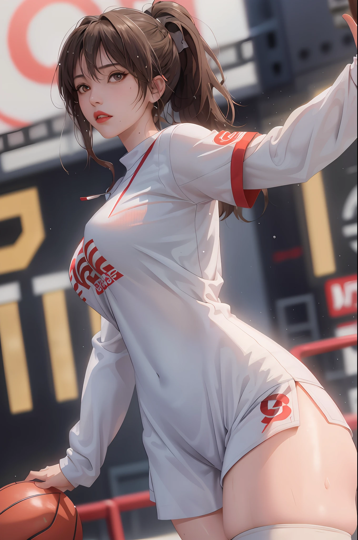 Masterpiece: 1.2, best quality), realistic, (real picture, rich details details, depth of field), (1girl, solo), makeup, cleft lip, high detail, perfect face shape, (big breasts: 1.4), (skindentation), thick thighs, wide buttocks, Thin waist, tall, coral, red lips, red eyes, ponytail (girl playing basketball, white basketball suit), (sweat: 1.2), (wet), sexy, blushing, sweaty, sweat soaked clothes