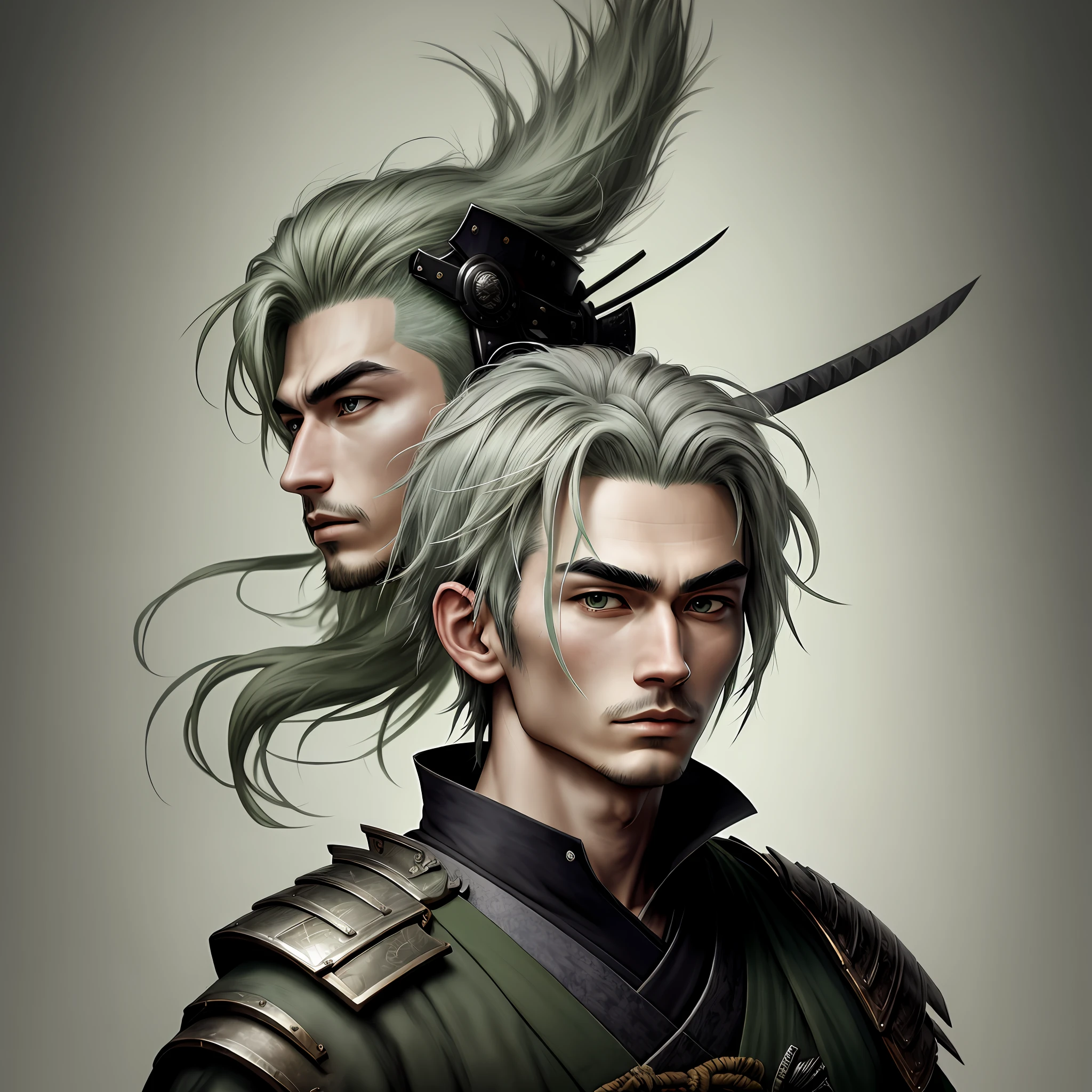 masterpiece, best quality, 1 Male, Young, gray green hair, Samurai ,Symbolism,Art, Beautiful, Beautiful , Courage