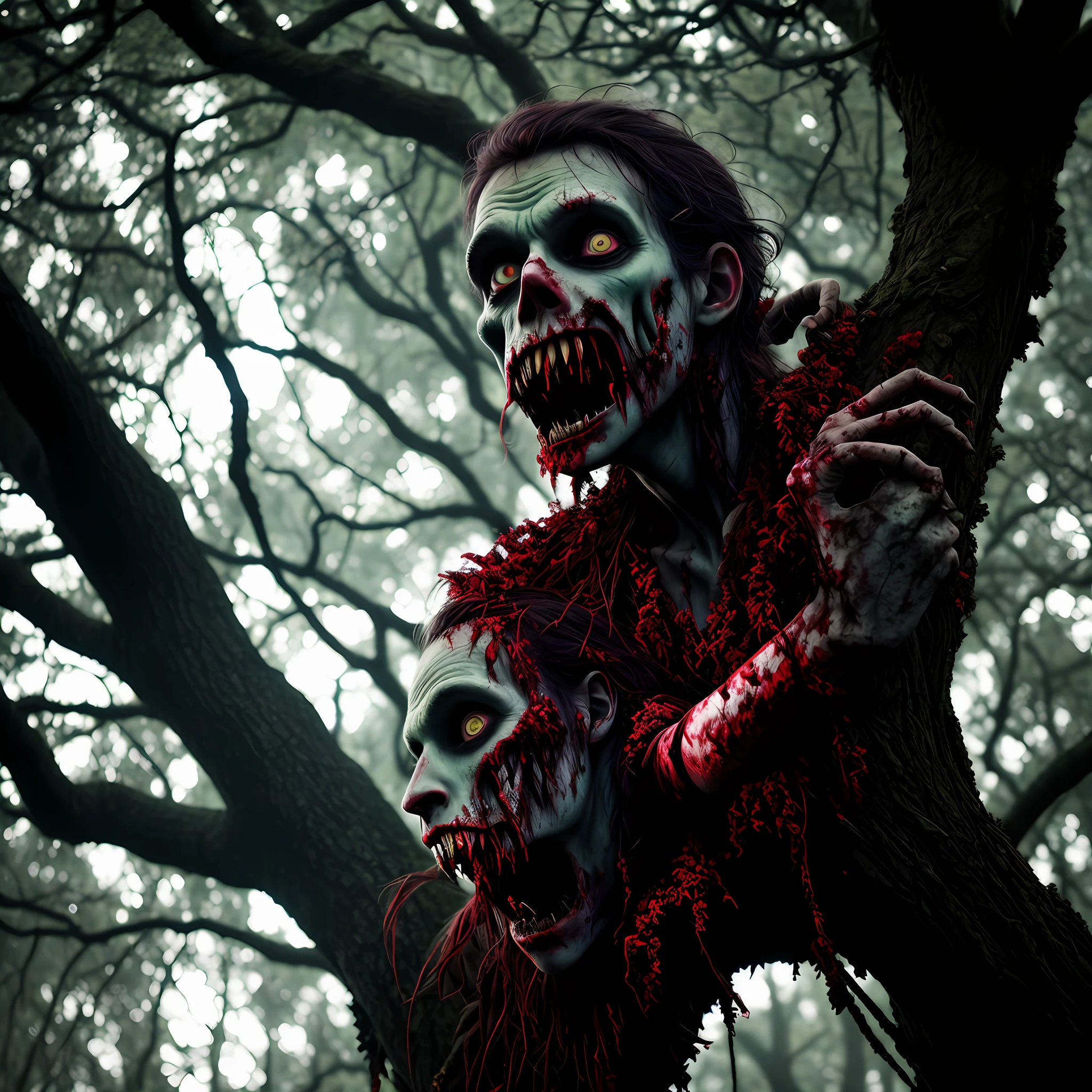 Zombie climbing a tree, dramatic, dark and vivid colors, 8k quality, cinematic focus