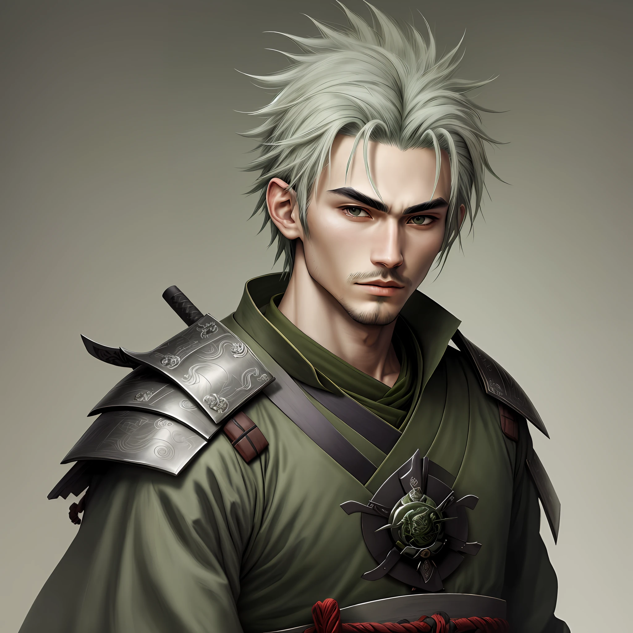 masterpiece, best quality, 1 Male, Young, gray green hair, Samurai ,Symbolism,Art, Beautiful, Beautiful , Courage
