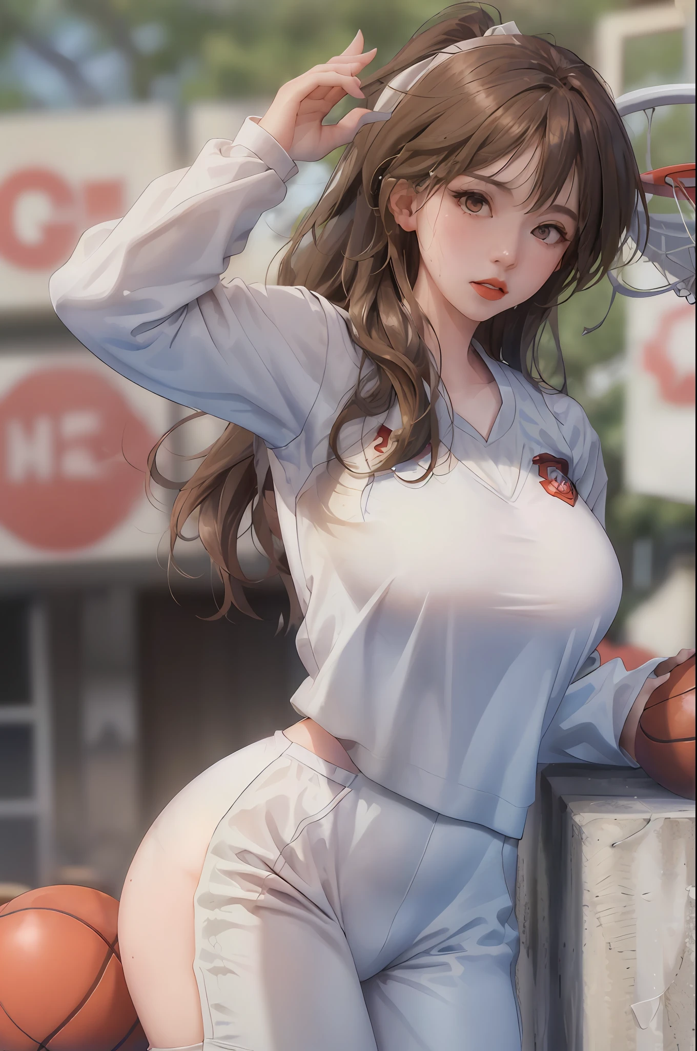 Masterpiece: 1.2, best quality), realistic, (real picture, rich details details, depth of field), (1girl, solo), makeup, cleft lip, high detail, perfect face shape, (big breasts: 1.4), (skindentation), thick thighs, wide buttocks, Thin waist, tall, coral, red lips, red eyes, ponytail, (((((basketball girl, white basketball suit)))), (sweat: 1.2), (wet), sexy, blush, sweaty