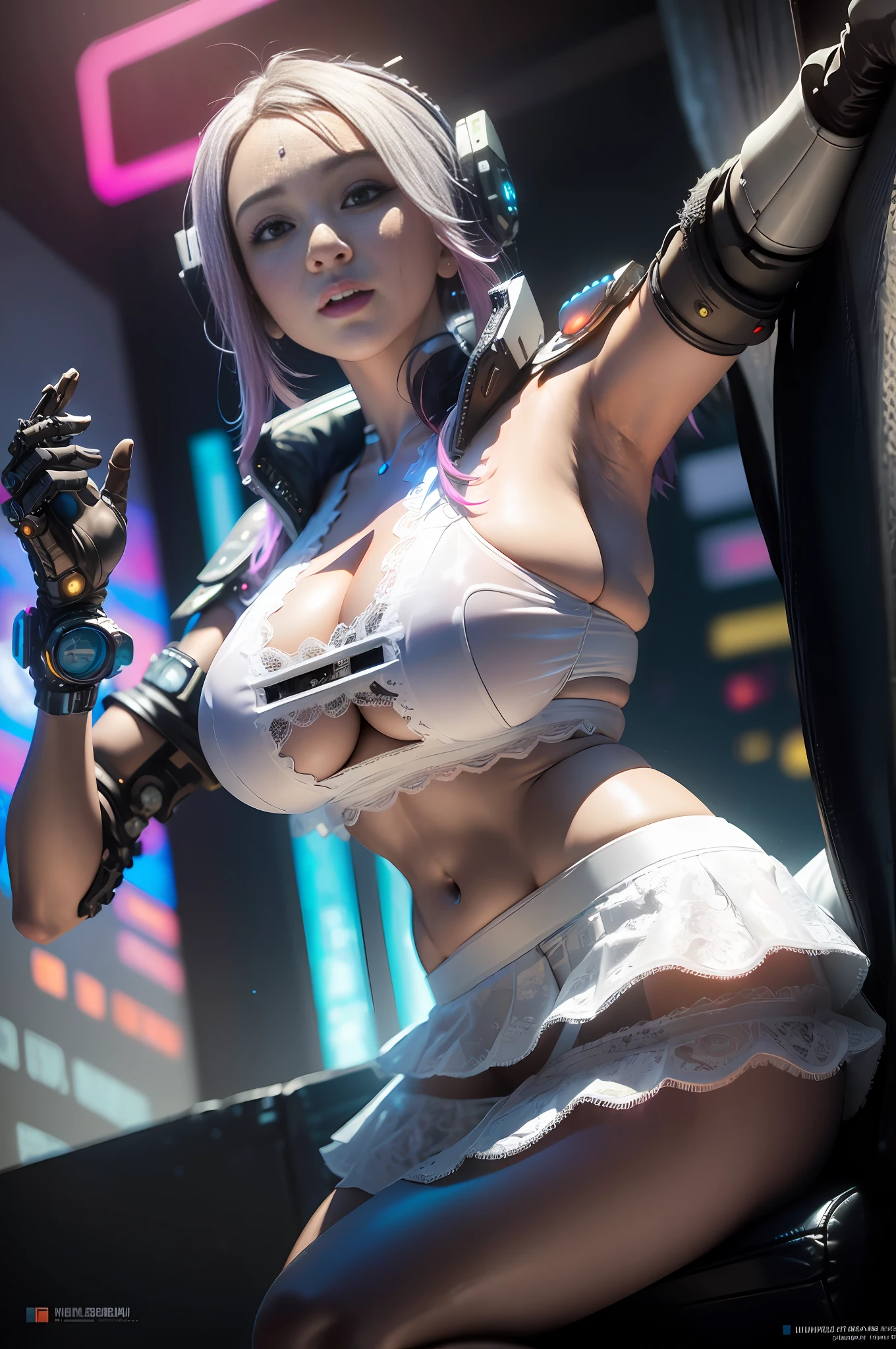 ((Best quality)), ((masterpiece)), (highly detailed:1.3), 3D, beautiful, (cyberpunk:1.6), in space, nebula, (holding_weapon:1.3), laser, (1Female mecha:1.3), sexy body, facing the audience, Glowing eyes, full body, (flying, swooping down, dynamic, motion blur: 1.4), (huge mech wings: 1.6), looking up, glowing_eyes, mecha, panorama, background is earth, nebula, space, particles, Reality, HDR (High Dynamic Range), Ray Tracing, NVIDIA RTX, Super Resolution, Unreal 5, Subsurface Scattering, PBR Textures, Post Processing, Anisotropic Filtering, Depth of Field, Maximum Clarity and Clarity, Multilayer Textures, Albedo and Specular maps, Surface shading, accurate simulation of light-material interaction, perfect proportions, Octane Render, two-tone lighting, large aperture, low ISO, white balance, rule of thirds, 8K RAW, efficient sub-pixel, sub-pixel volume product, (best quality),(Japanese:0.5),(korean:0.8), (Liu Yi Fei:1.5) long hair, (big breast:1.2),(underboob:1.5), (white transparent lace mini skirt:1.5)