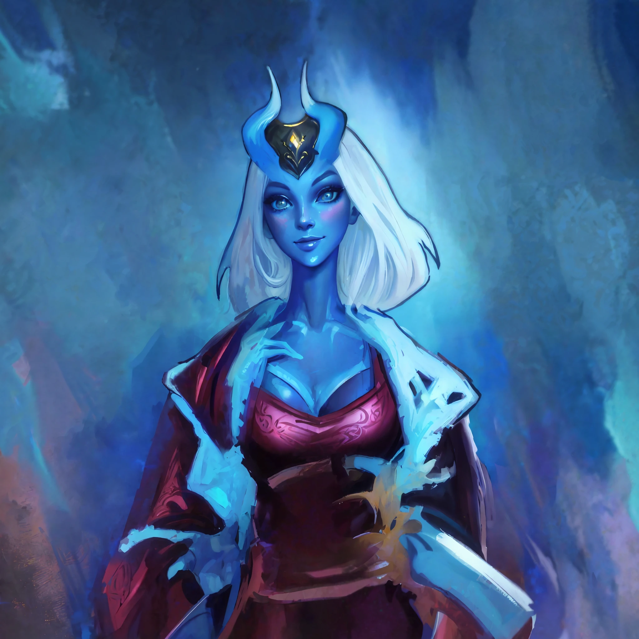 hyper detailed gouache style painting of a gorgeous Tiefling in medieval clothes, with a playful smile on her face, wide perfect amber eyes, hyper realistic textures, 8k, best quality, masterpiece, smooth shadows, correct anathomy, expressive painting style, neon highlights