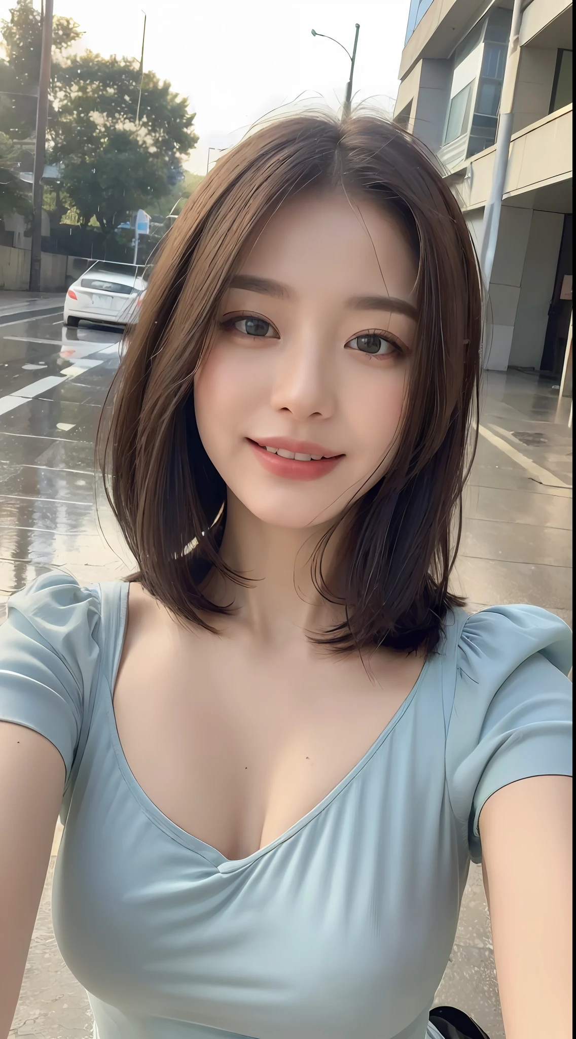 ((Best Quality, 8k, Masterpiece:1.3)), Focus: 1.2, Perfect Body Beauty: 1.4, Buttocks: 1.2, (Layered Haircut: 1.2)), (Rain, Street:1.3), Highly detailed face and skin texture, Fine eyes, Double eyelids, Whitened skin, Long hair, (Round face: 1.5), sweet_ta, smile