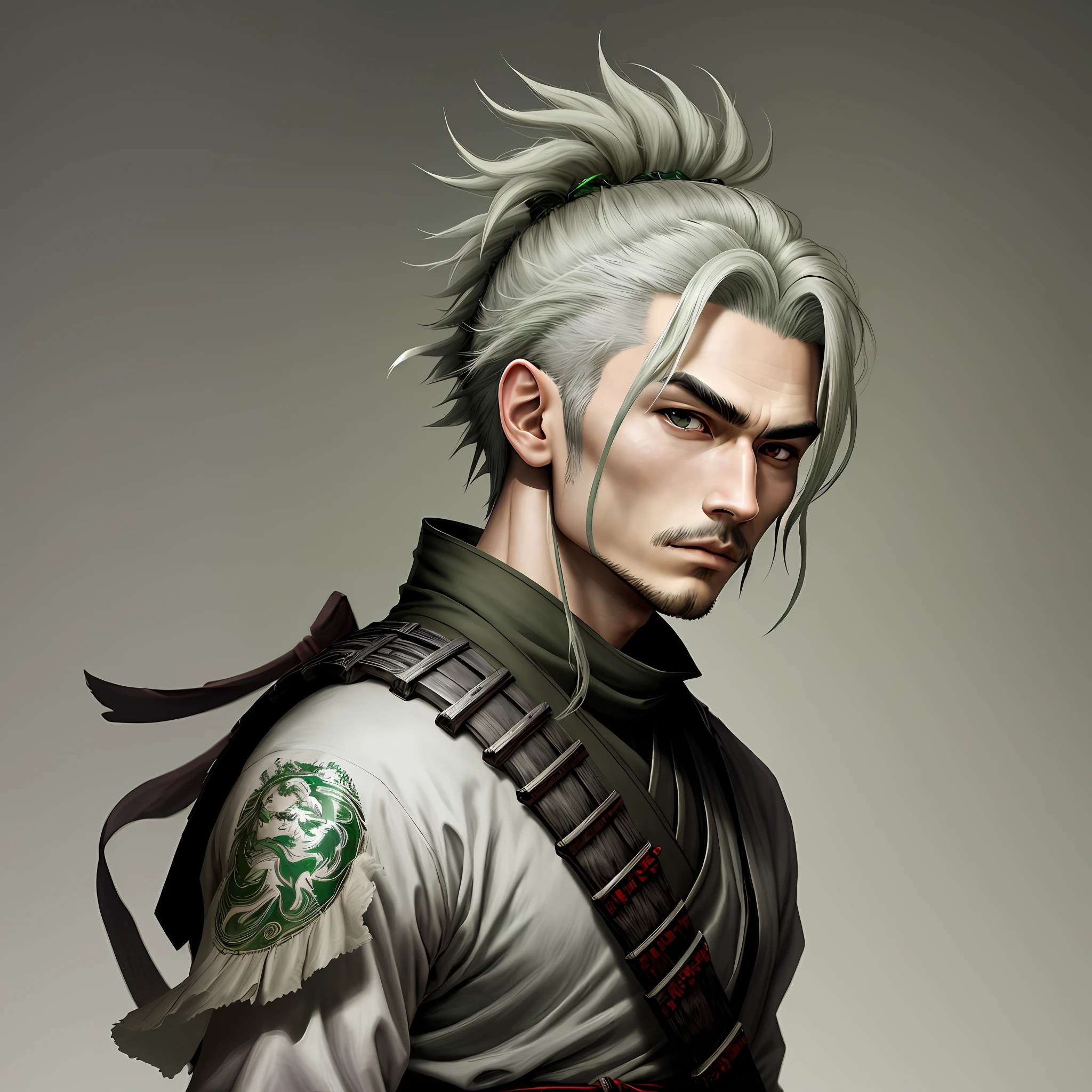 masterpiece, best quality, 1 Male, Young, gray green hair, Samurai ,Symbolism,Art, Beautiful, Beautiful , Courage