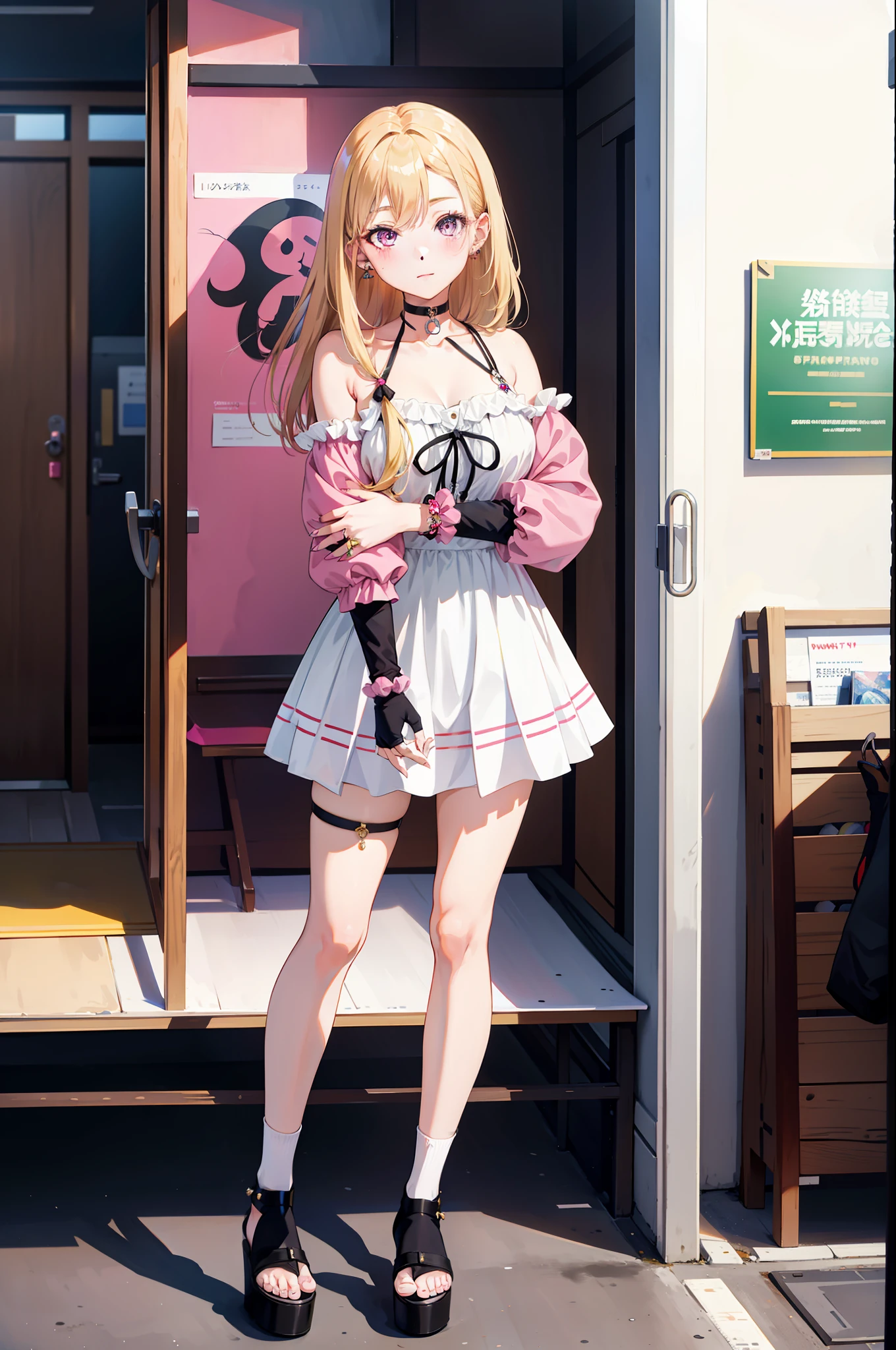 1girl,  Marin Kitagawa, long hair, blonde hair, pink eyes, piercing, earrings, ear piercing, stud earrings, black choker,  bead bracelet, wrist scrunchie, long fingernails, gyaru, shy, white toe socks, clogs,, (masterpiece:1.2), highres, best quality, 8k, very clear, kitagawa marin,