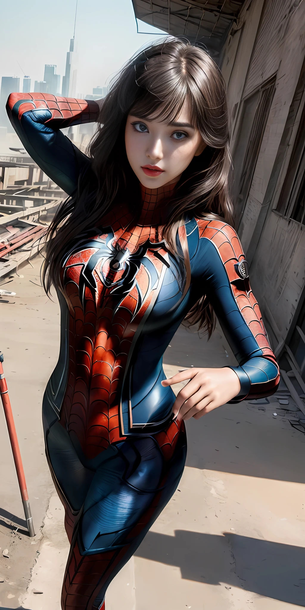 (1girl:1.3), solo, (((extremely detailed face))),(((extremely detailed eyes and face))),beautiful detailed eyes,body-parts__, official art, unified 8k wallpaper, super detailed, beautiful and aesthetic, beautiful, masterpiece, best quality, raw, masterpiece, super fine photo, best quality, super high resolution, photorealistic realism, sunlight, full body portrait, amazing beauty,, dynamic pose, delicate face, vibrant eyes, (from the front), she is wearing a Spider-man suit, red and black color scheme, spider, very detailed abandoned warehouse background, Detailed face, detailed complex busy background, messy, gorgeous, milky white, highly detailed skin, realistic skin details, visible pores, sharp focus, volumetric fog, 8k uhd, DSLR, high quality, film grain, fair skin, photo realism, lomography, huge metropolis in future dystopia, seen from below, translucent