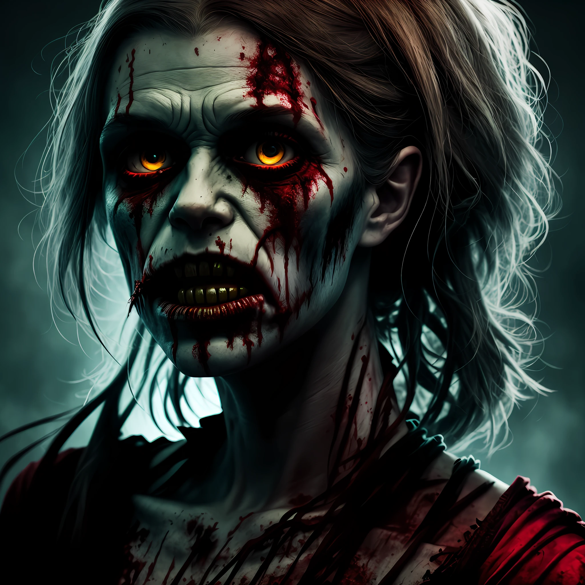 Zombie, portrait, dramatic, dark and vivid colors, 8k quality, cinematic focus