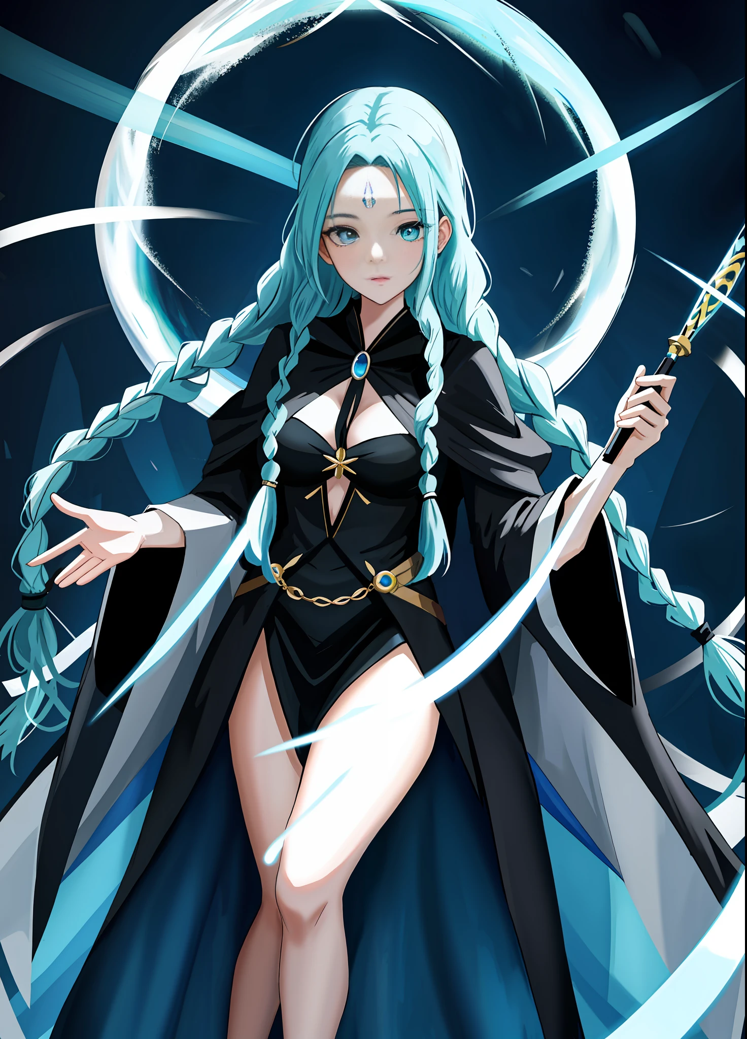1 Witch woman, in black robe with white parts, holding a magic wand, blue rays behind her, staring at the viewer, forehead mark, she has (blue long hair) with braids and (green eyes), immensely large breasts, blue magic aura swirling around her body, in a forest full of magical creatures around her, anime style, symmetry, anatomically correct, 16k, highres, best quality, award winning, high quality, high details, UHD, masterpiece, ccurate