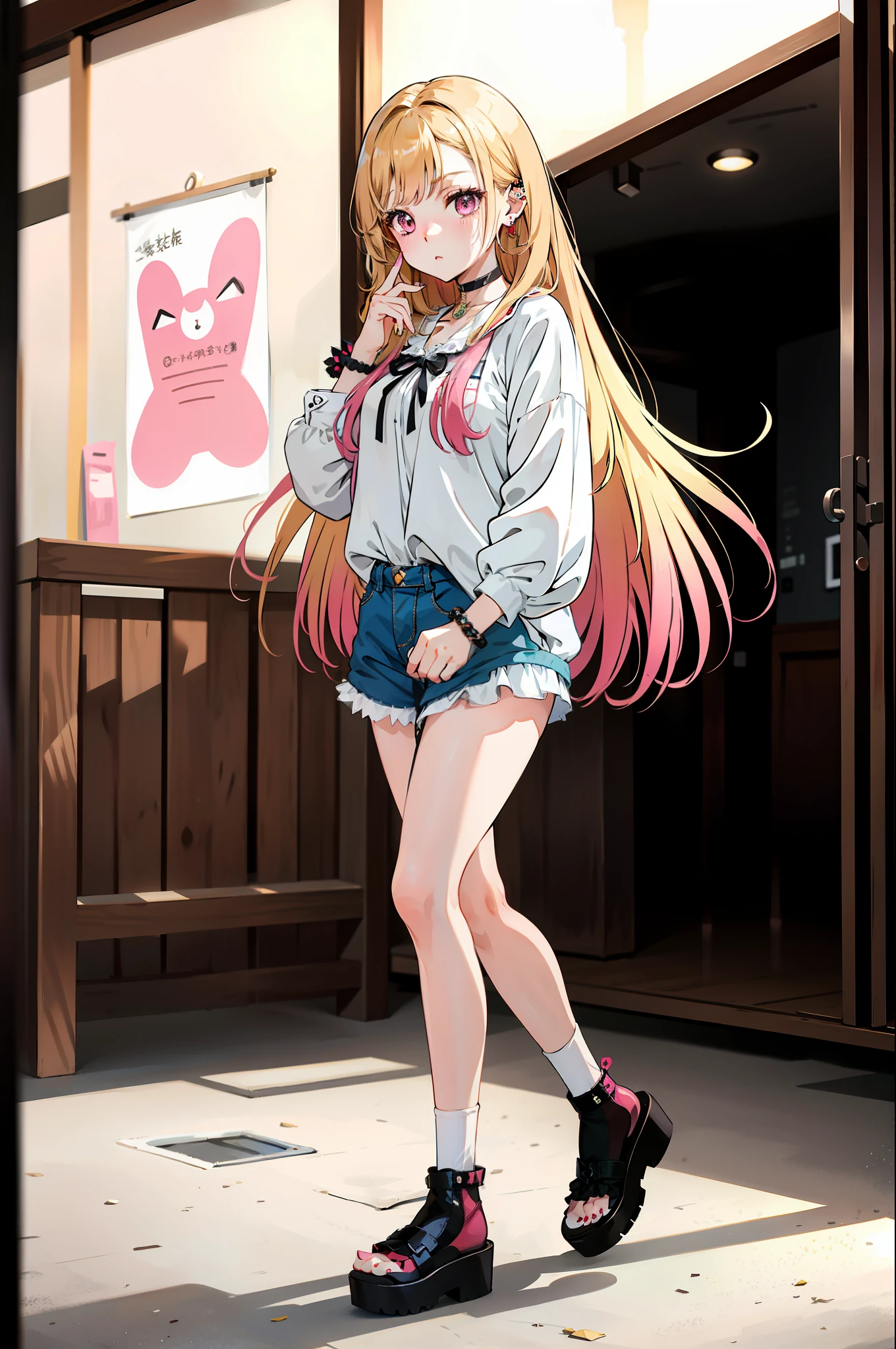 1girl,  Marin Kitagawa, long hair, blonde hair, pink eyes, piercing, earrings, ear piercing, stud earrings, black choker,  bead bracelet, wrist scrunchie, long fingernails, gyaru, shy, white toe socks, clogs,, (masterpiece:1.2), highres, best quality, 8k, very clear, kitagawa marin,