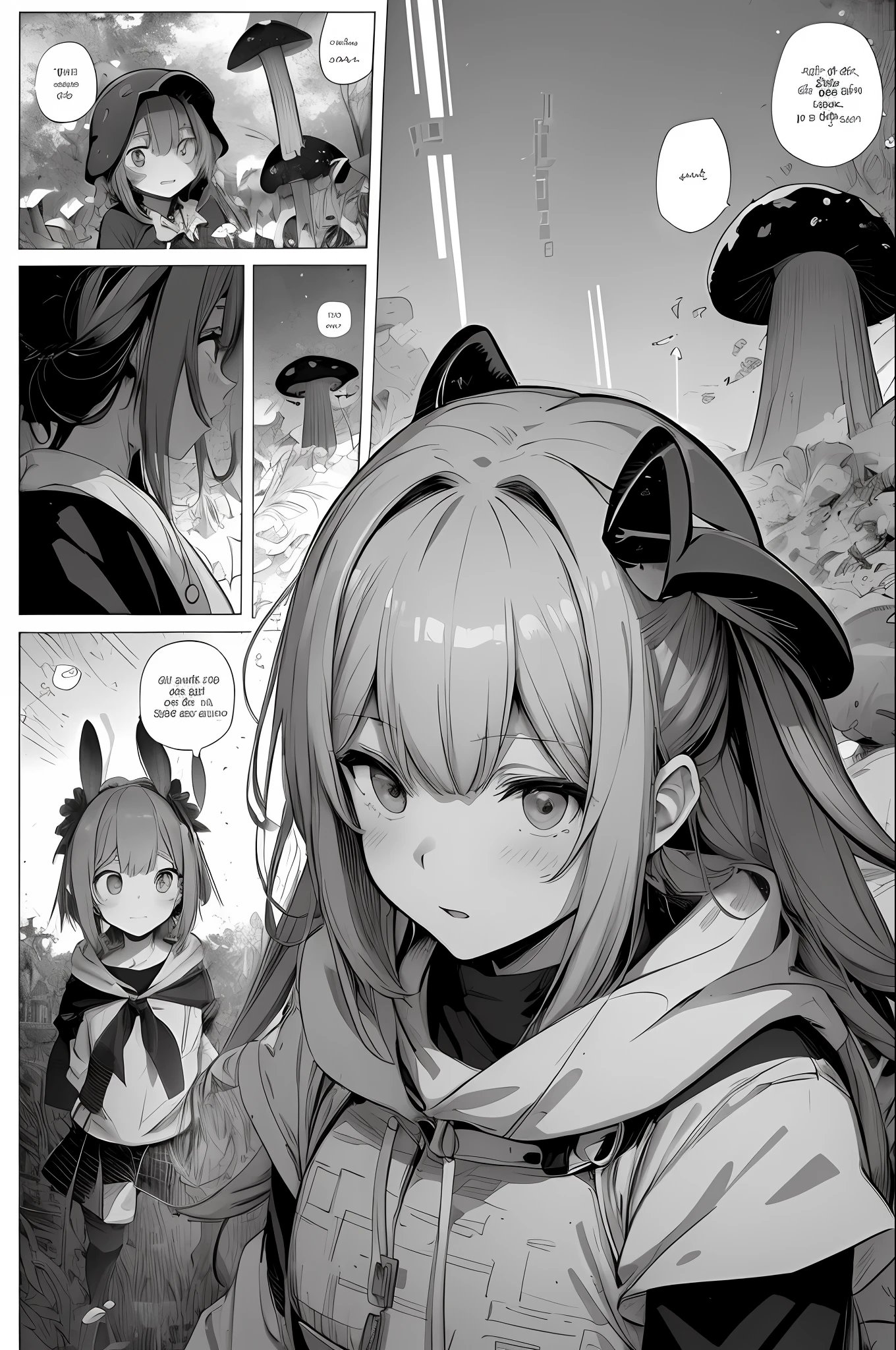 (teenage girls), (lots of mushrooms) (two girls), (white rabbit ears), Incorporating manga-style speech bubbles is often expressive and visually integrated with other art. Break design a manga-style background with hatching or pointillism effects to give depth and texture to the scene. Break designs images using manga-style screentones and creates shading and patterns through small dots, lines, or other repetitive shapes. Breaking incorporates manga-style speech bubbles that are often expressive and visually integrated with other art. Break is a panel layout unique to manga that guides the reader's eyes and controls the pace of the story to explain the image.
