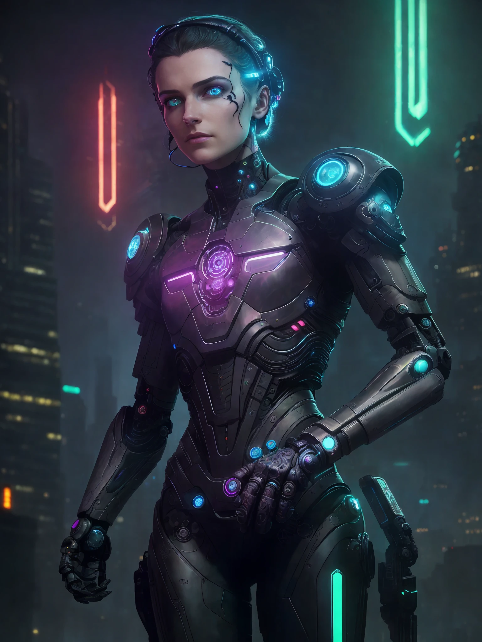 (highly detailed: 1.2),(best quality:1.2),(8k:1.0),(emb-rrf-low:1.0),(many large black tattoos on head, face and eyes:1.2),sharp focus,(award-winning photograph: 1.2), (subsurface scattering: 1.1) (beautiful young cyborg detailed: 1.2), (full body: 1.2), (dynamic pose: 1.2), neon glow, (detailed cybernetic eyes: 1.1), close-up (hyperrealistic: 1.2), rpg, elden ring style, dramatic lighting, (Highly detailed futuristic cityscape: 1.2), (Scifi: 1.2), professional portrait photography, by Wlop Greg Rutkowski Jeffrey Simpson Alphonse Mucha