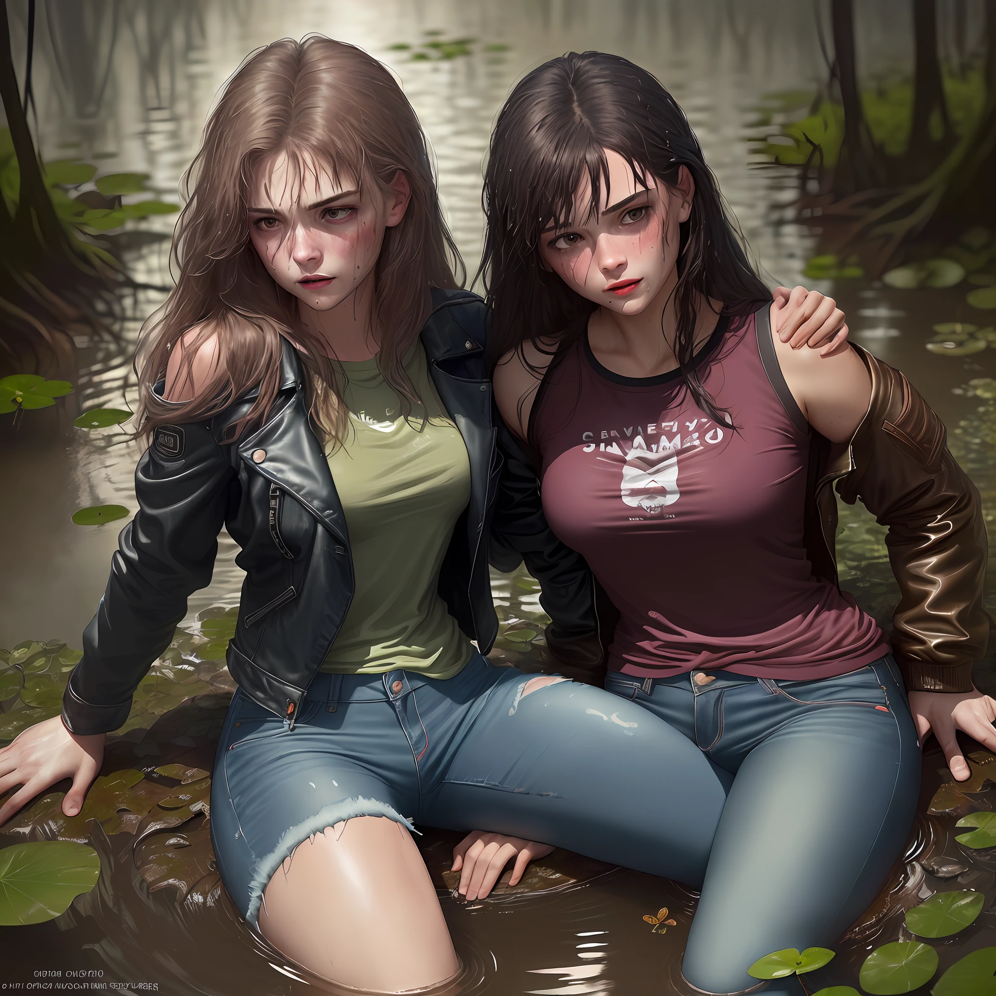 (muddy swamp in the forest, night, gloomy environment),
(2 pretty women), (two women caressing themselves, merged in ecstasy, (spread her legs), (hand lies between her legs), (hand lies on her chest),(takes off her clothes):10,
drowns in a swamp, sits into a swamp, stands in the middle of a swamp, you can see your legs in jeans in the water,
(biker jacket, blue jeans, Levis pants covered with brown swamp slurry),
(Shoulder-length hair is beautifully disheveled),
(Cosmetics, sloppy dark makeup, lipstick):10,
(feels ecstasy, (sexual tension):8, loses control, forbidden, (strong blush on the face)):10,(sweat on the face):9,(mouth ajar):20,Intermittent breathing, (Sweat on the body):10,
(sexy position, seducing)