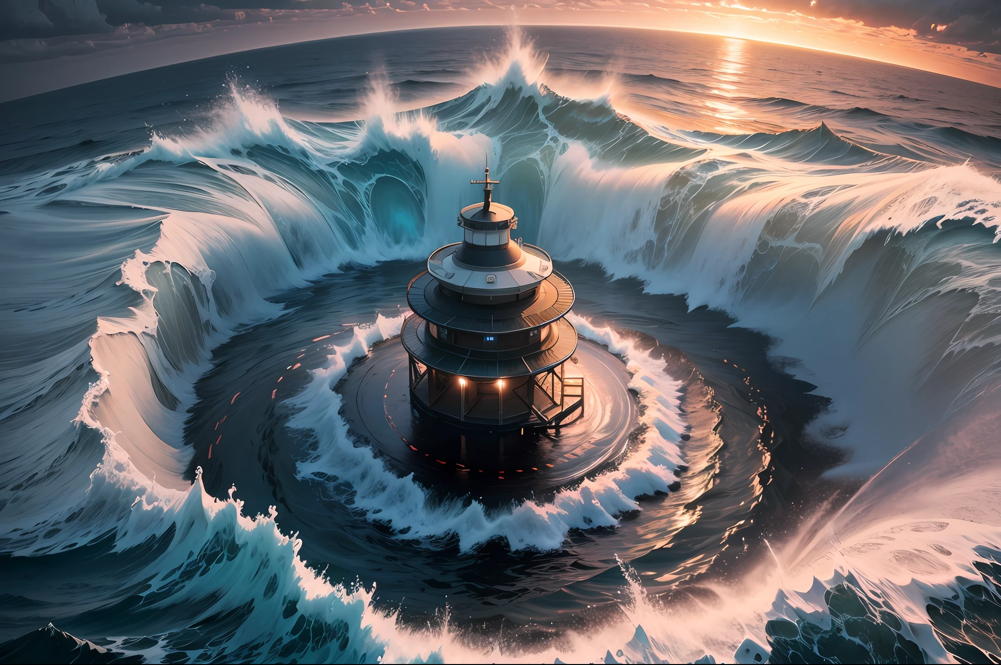 giant whirlpool in the ocean, ultra wide angle, award-winning masterpiece, sunset, cloudy sky, natural light, sharp focus, smooth, intricate details, 8K wallpaper, popular on ArtStation