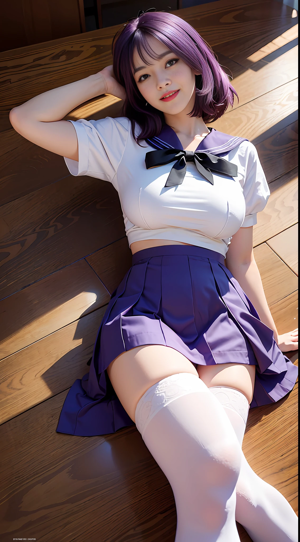((lying on the table: 3)), looking back, (best quality, ultra-high resolution, masterpiece, RAW photo, realism: 1.6), 16K, ((Sailor Saturn sailor Saturn costume: 3)) from Sailor Moon, (1girl with open belly), (huge: 2, thick thighs: 3), (purple miniskirt: 2, short purple hair: 1.8, white stockings, mature smile), white background, dynamic light and shadow, award-winning work