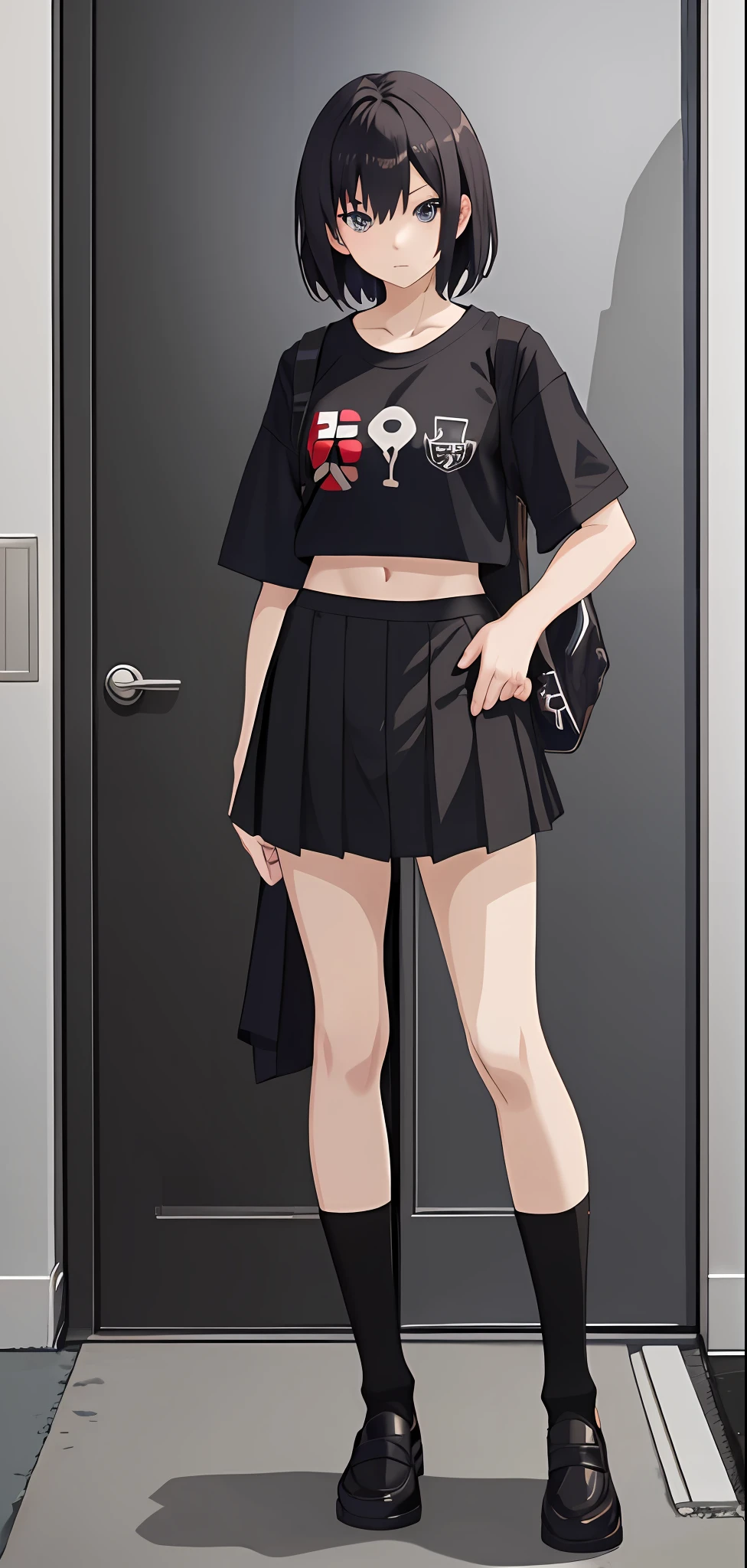 anime girl in a black boxers underwear in front of a door, single character full body, full body portrait of a short!, full body single character, her wardrobe is attractive, wearing a jk uniform t-shirt and tie, no skirt only black boxer underwear, anime visual of a cute girl, not safe for work, nsfw, as an anime character