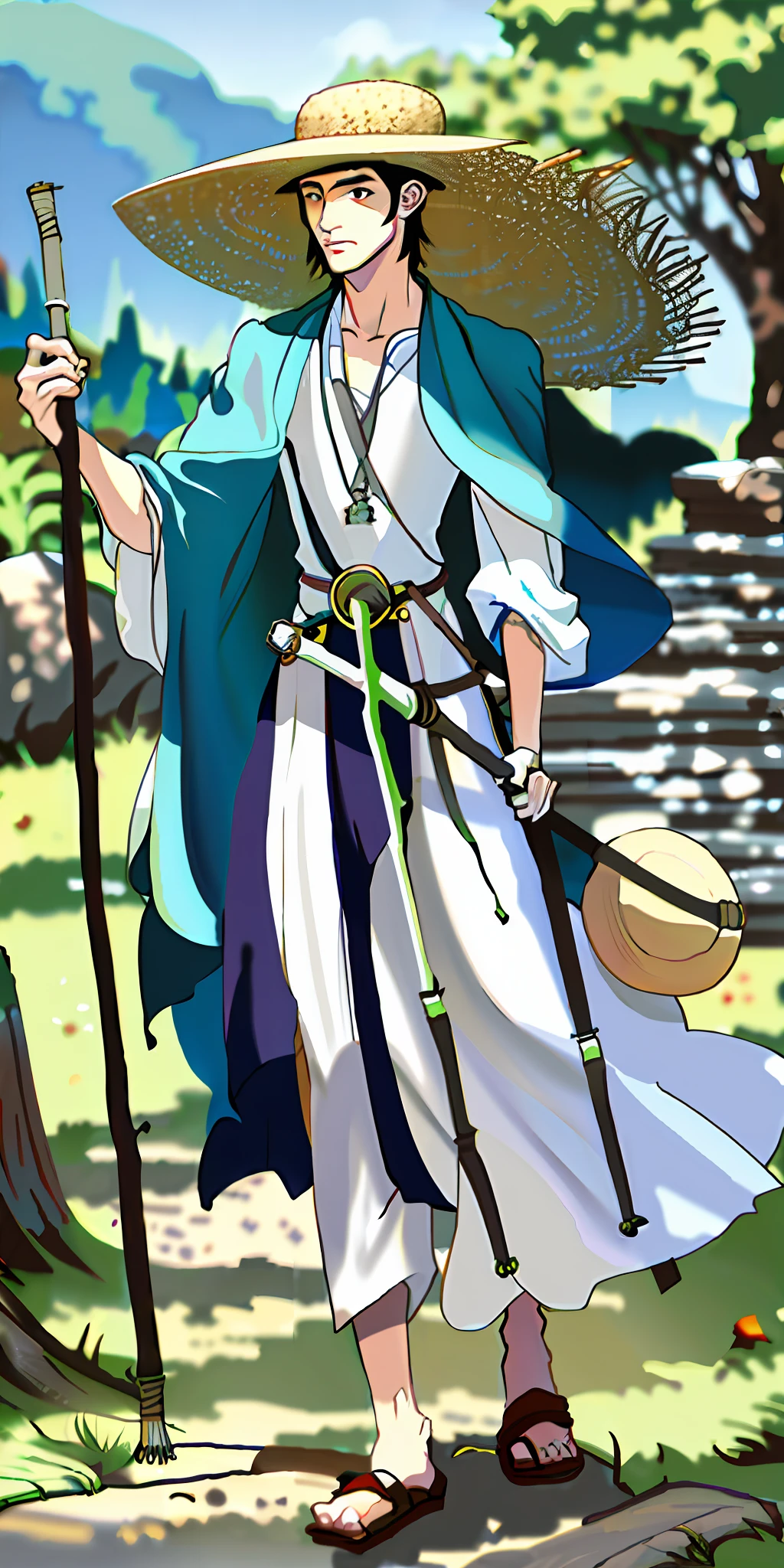 human druid, young man, normal weight, normal height, using long stick, explore in the shade, dressed in rags, with a shade straw hat