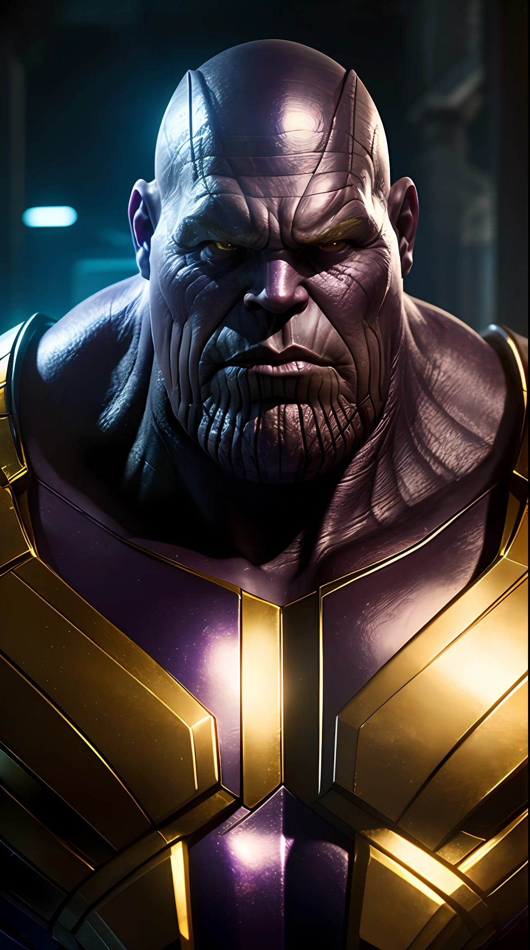 Cinematic soft lighting illuminates a stunningly detailed and ultra-realistic thanos, super strong, muscular, that is trending on ArtStation. Octane is the perfect tool to capture the softest details of this 16k photography masterpiece