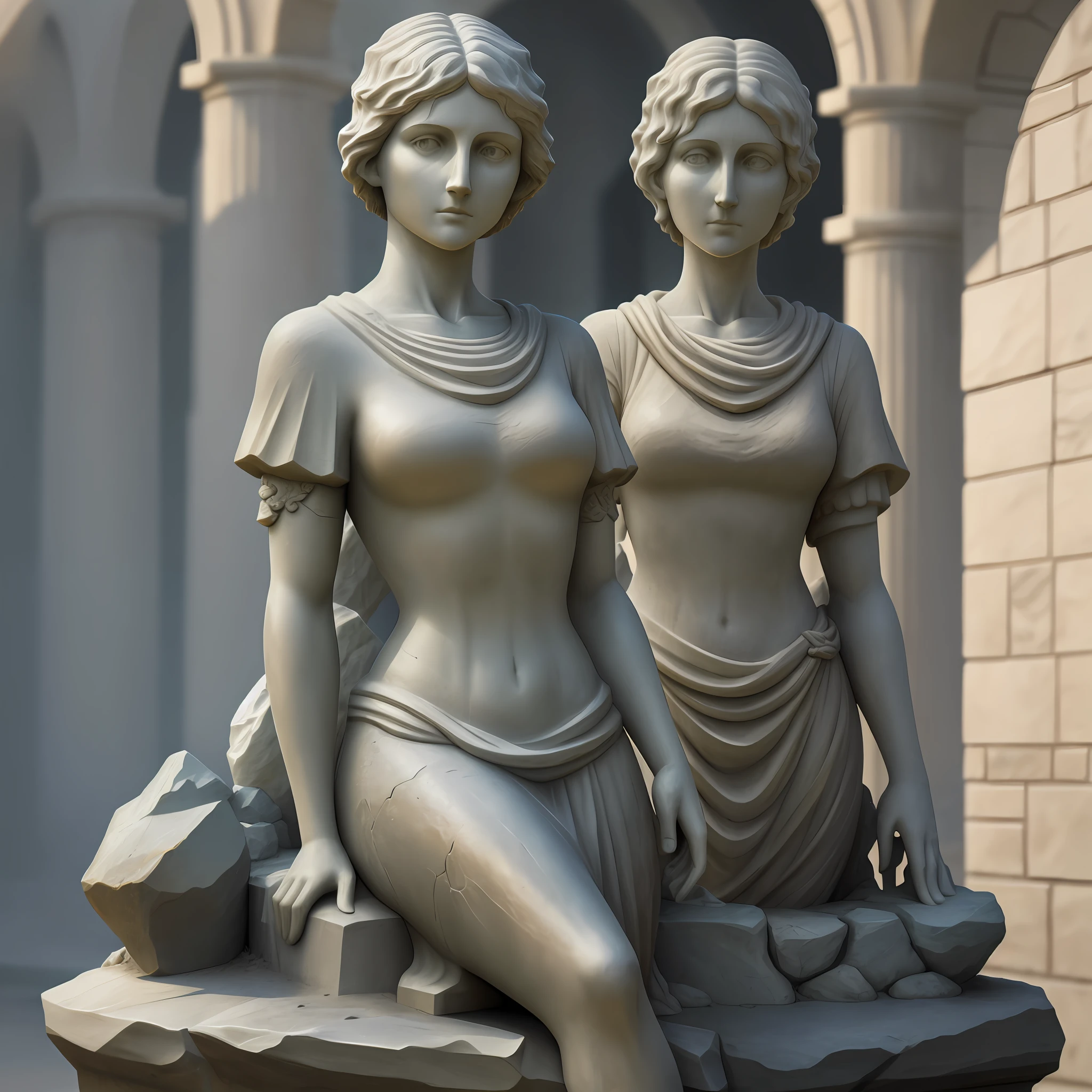 stone statue with short straight hair, 4k, high resolution, masterpiece, best quality, sharp focus, (cinematic lighting), [:(detailed face:1.2):0.2]