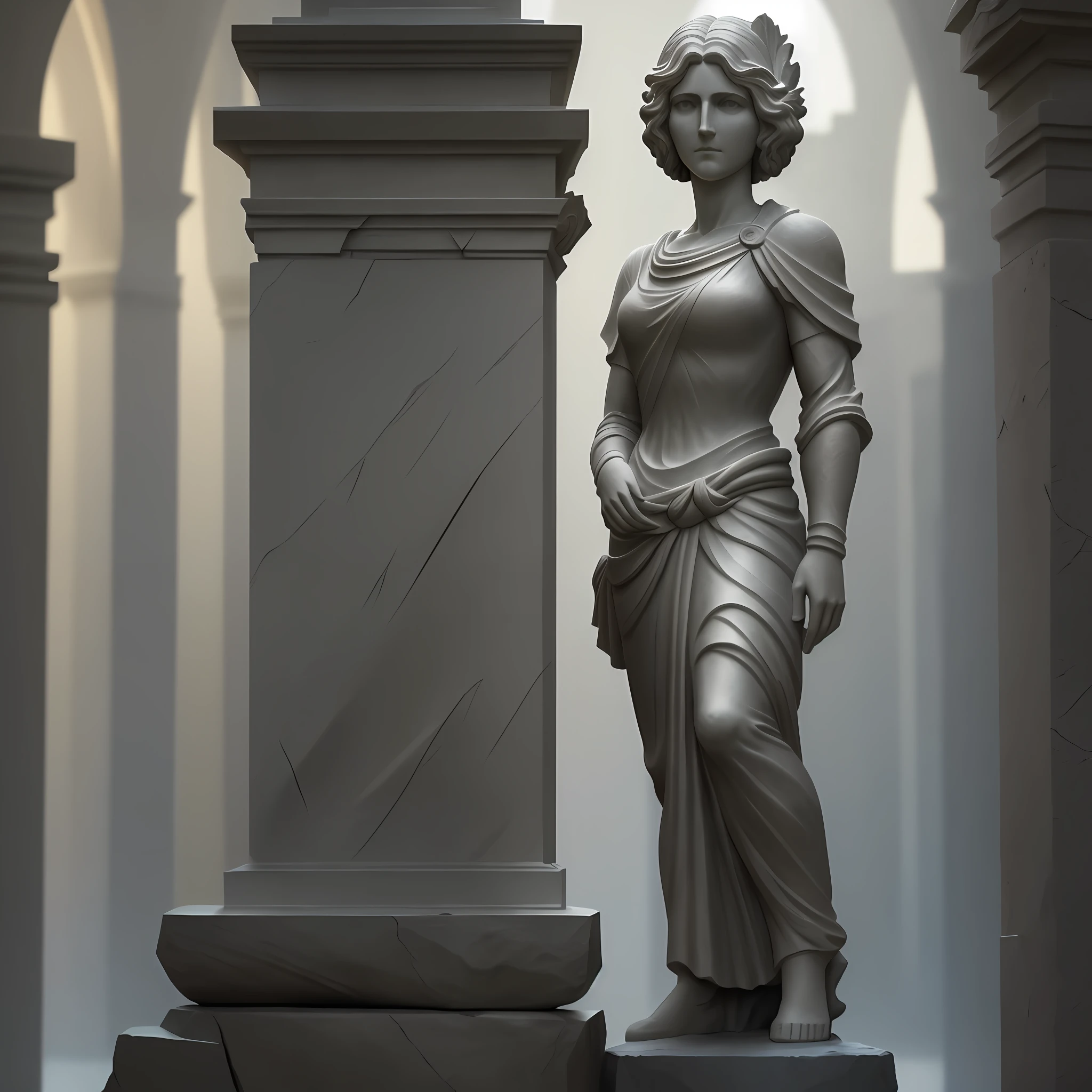 stone statue with short straight hair, 4k, high resolution, masterpiece, best quality, sharp focus, (cinematic lighting), [:(detailed face:1.2):0.2]