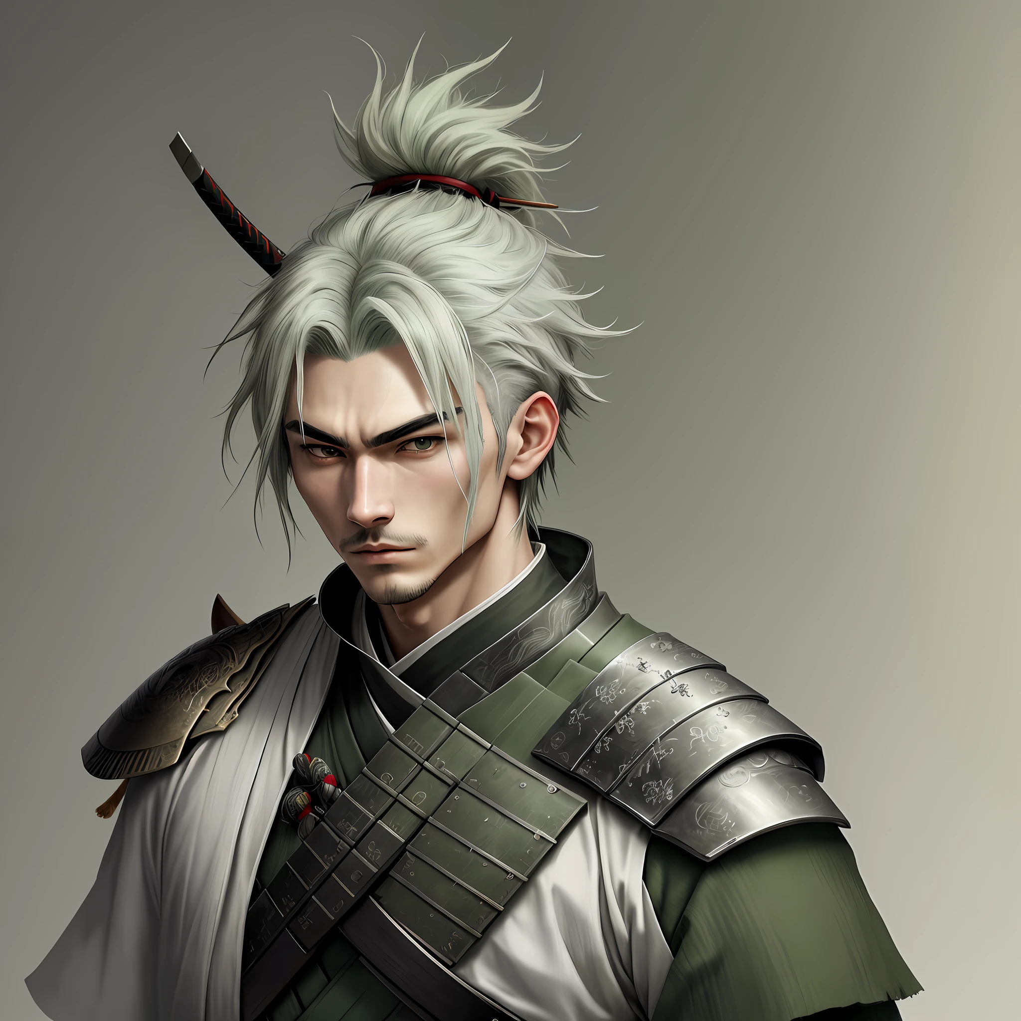 masterpiece, best quality, 1 Male, Young, gray green hair, Samurai ,Symbolism,Art, Beautiful, Beautiful , Courage