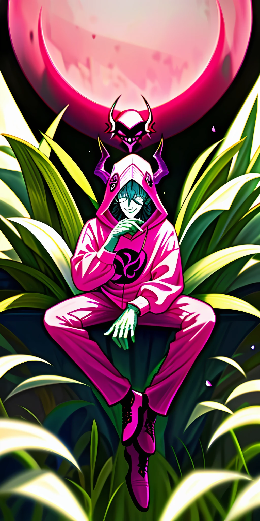 (masterpiece, best quality),1boy sitting in a field of white plants and flowers, hand under chin, warm lighting, blurred foreground, cartoon image of a man with a pink hoodie with horns, pink hat, artstyle anime, [[[Grinning evily]]]], Weirdcore voidpunk fursona, Unknown Artstyle, Bladee from Drain Gang, darksynth character portrait, crazy smile,  ((Zerator)), nefarious smile, unique character, full body