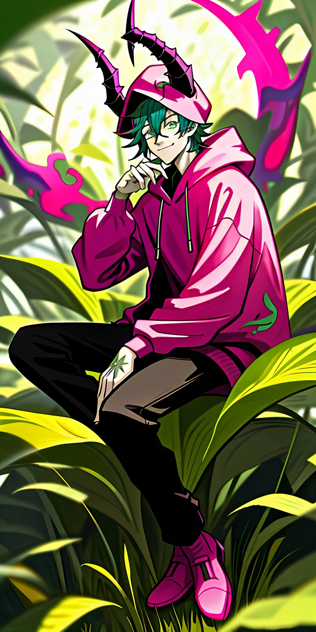 (masterpiece, best quality),1boy sitting in a field of green plants and flowers, hand under chin, warm lighting, blurred foreground, cartoon image of a man with a pink hoodie with horns, pink hat, artstyle anime, [[[Grinning evily]]]], Weirdcore voidpunk fursona, Unknown Artstyle, Bladee from Drain Gang, darksynth character portrait, crazy smile,  ((Zerator)), nefarious smile, unique character, full body