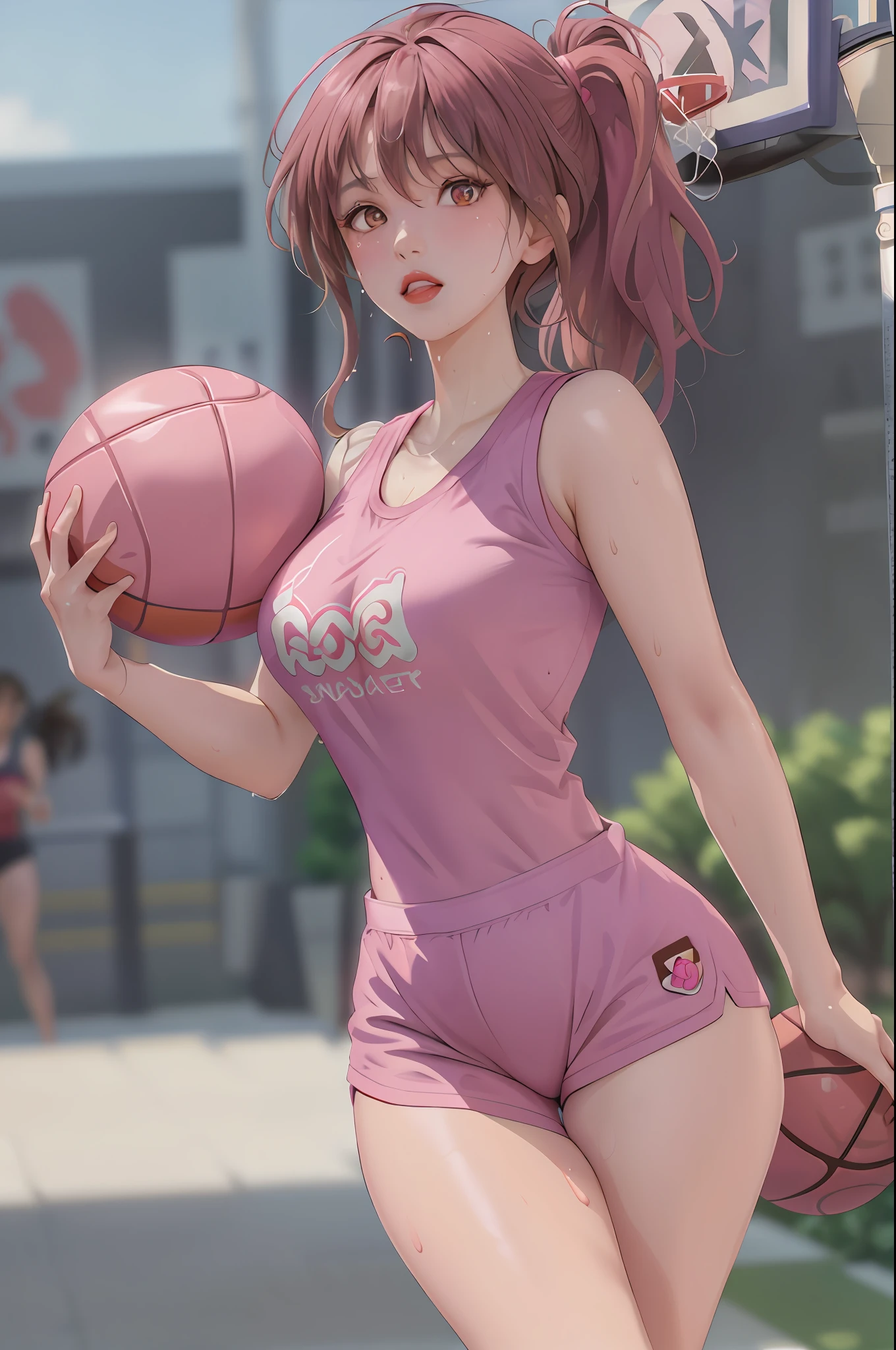 Masterpiece: 1.2, best quality), realistic, (real picture, rich details details, depth of field), (1girl, solo), makeup, cleft lip, high detail, perfect face shape, (skindentation), thick thighs, wide hips, thin waist, tall, coral, red lip, red eyes, ponytail, (((((Girl playing basketball, pink basketball suit)))), (Sweat: 1.2), (wet), Sexy, Blushing, sweaty