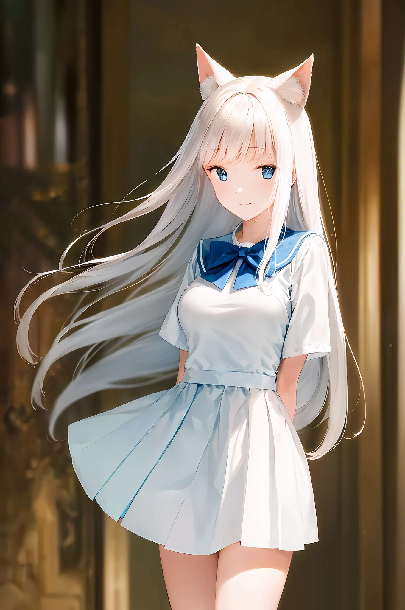 (Masterpiece, Top Quality, Best Quality, Official Art, Beauty and Aesthetics: 1.2), A Girl, Frontal, Frontal Photo, Hands Hidden Behind Back, Back Hand, Makeup, Cat Ears, Blue Eyes, Long Hair, White Hair, Big Breasts, Standing, Sailor Suit, Blue Bow Tie, White Sailor Suit, Pleated Skirt, Smile, White Stockings, Blurred Background