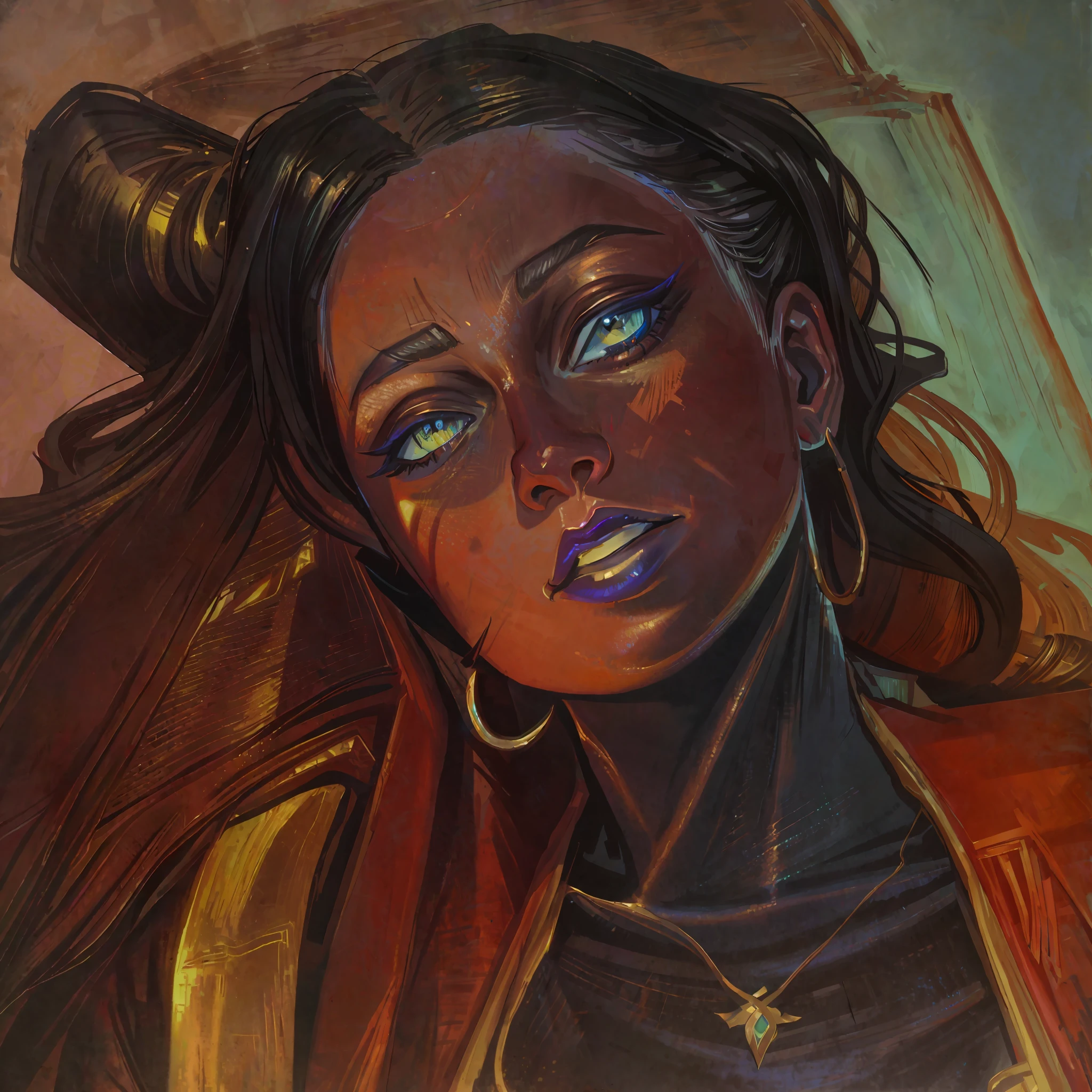 hyper detailed gouache style painting, realistic portrait of gorgeous Tiefling, hyper realistic textures, 8k, best quality, masterpiece, smooth shadows, correct anathomy, expressive painting, obscure details, dark magic