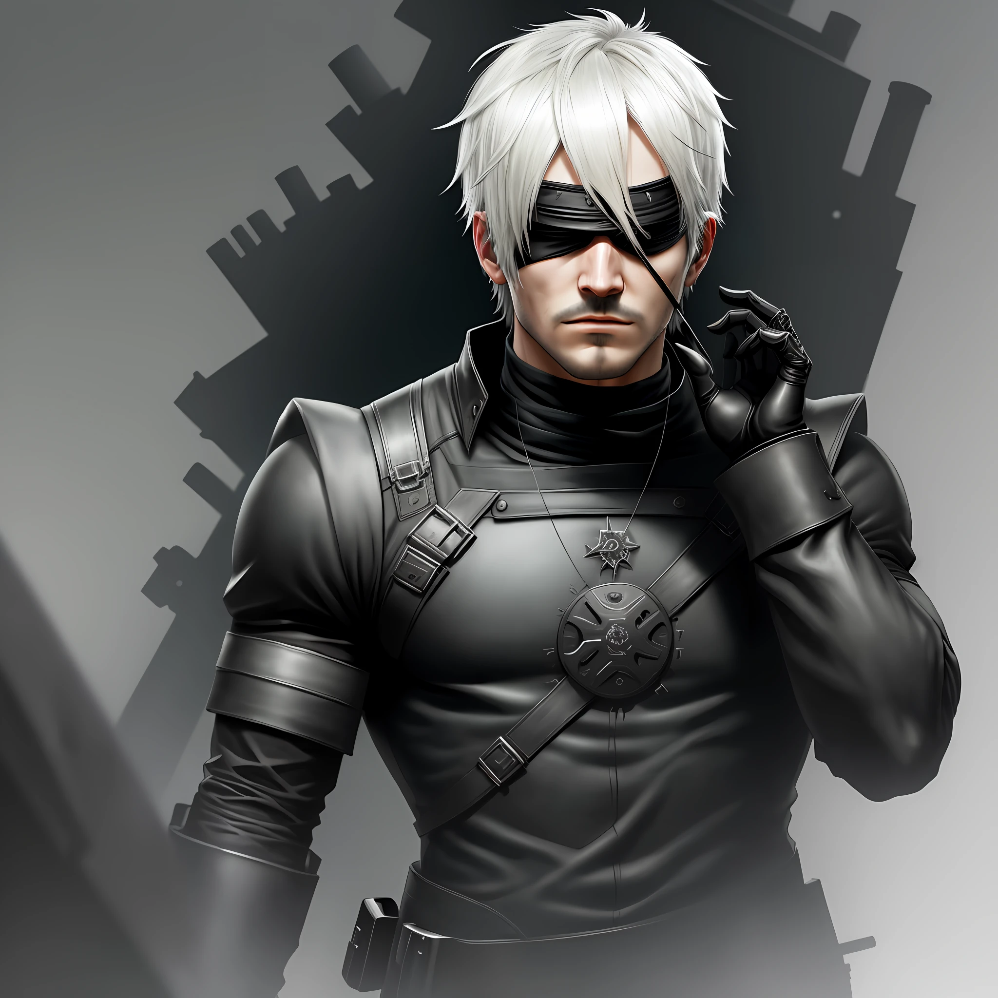 man with black clothing inspired by the game Nier Automata with a black blindfold, boss, 4k, high resolution, masterpiece, best quality, sharp focus, (cinematic lighting), [:(detailed face:1.2):0.2]