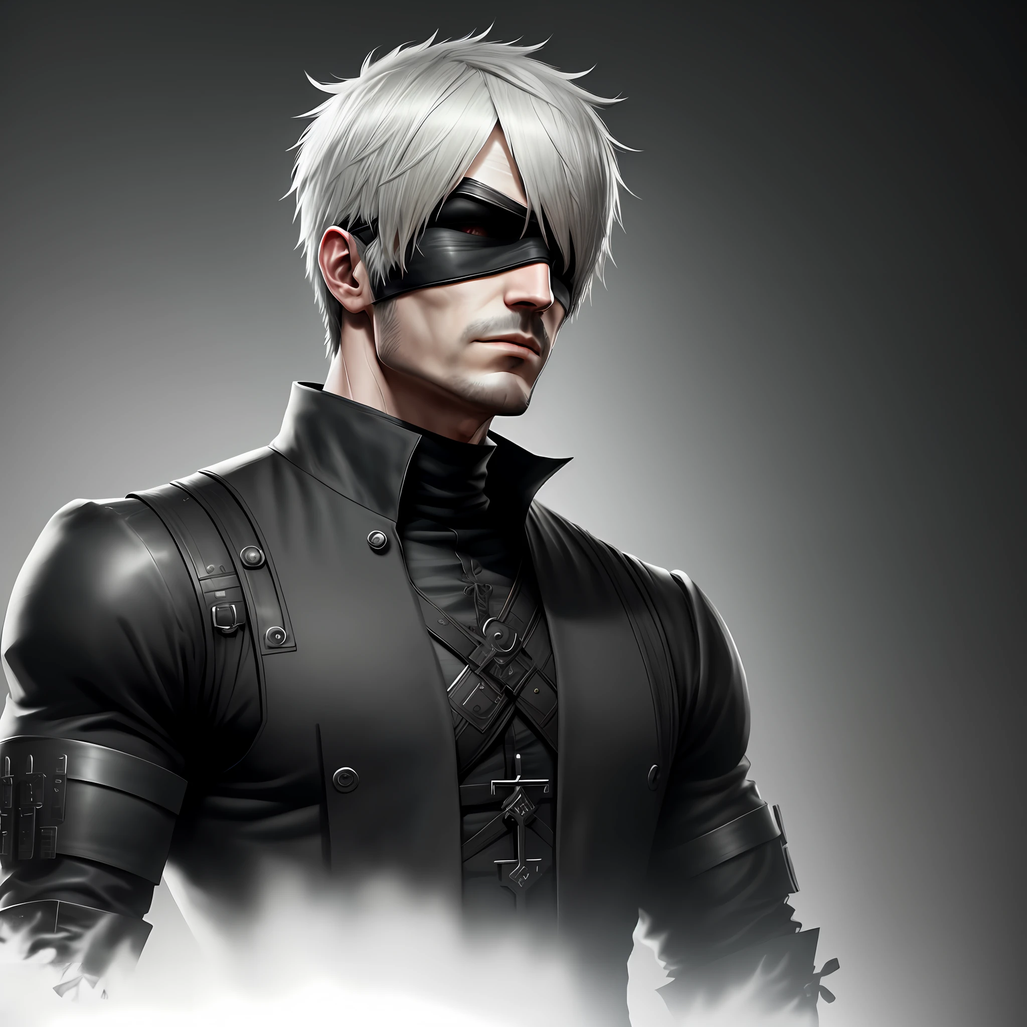 man with black clothing inspired by the game Nier Automata with a black blindfold, boss, 4k, high resolution, masterpiece, best quality, sharp focus, (cinematic lighting), [:(detailed face:1.2):0.2]