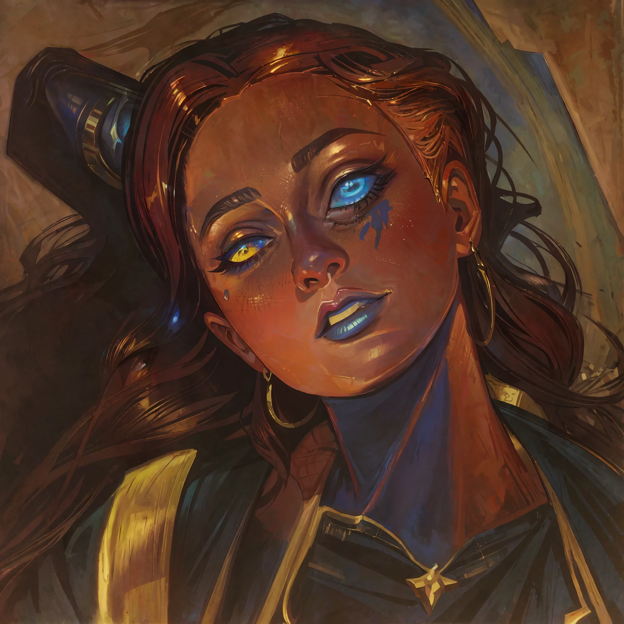 hyper detailed gouache style painting, realistic portrait of gorgeous Tiefling, hyper realistic textures, 8k, best quality, masterpiece, smooth shadows, correct anathomy, expressive painting, obscure details, dark magic