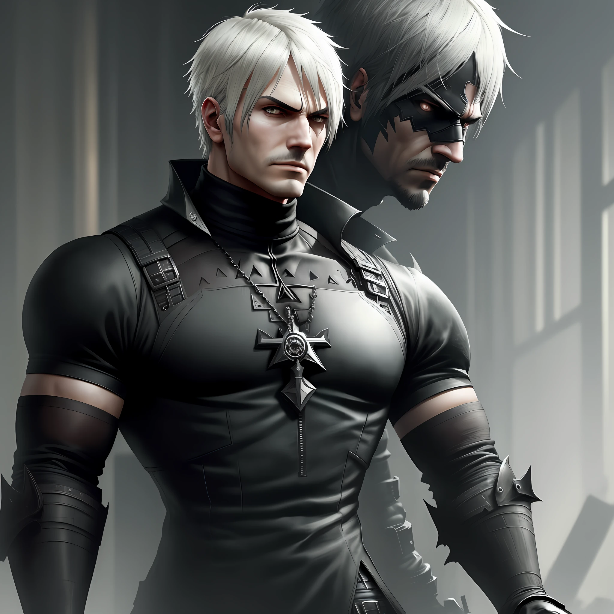 man with black clothing inspired by the game Nier Automata, boss, 4k, high resolution, masterpiece, best quality, sharp focus, (cinematic lighting), [:(detailed face:1.2):0.2]