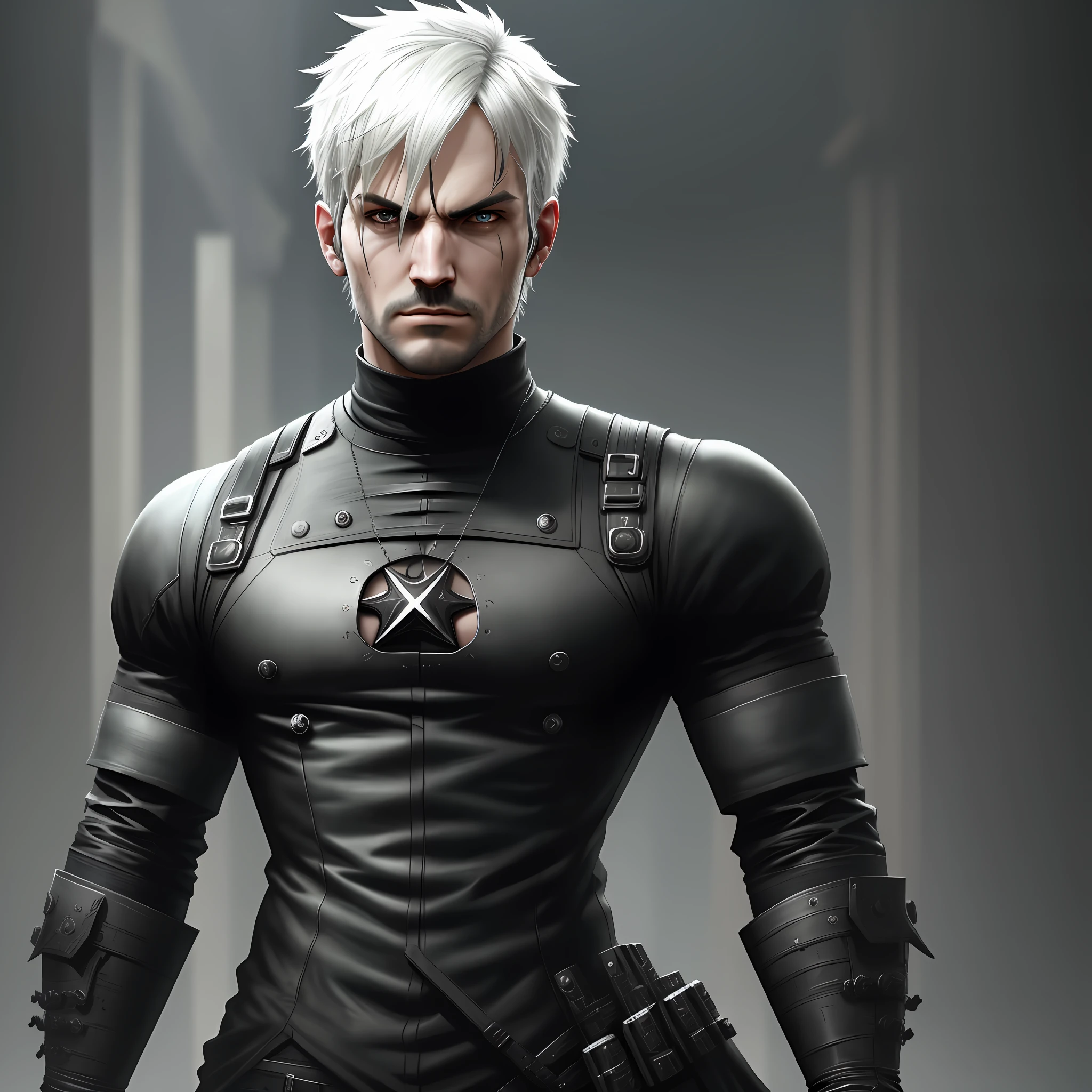 man with black clothing inspired by the game Nier Automata, boss, 4k, high resolution, masterpiece, best quality, sharp focus, (cinematic lighting), [:(detailed face:1.2):0.2]