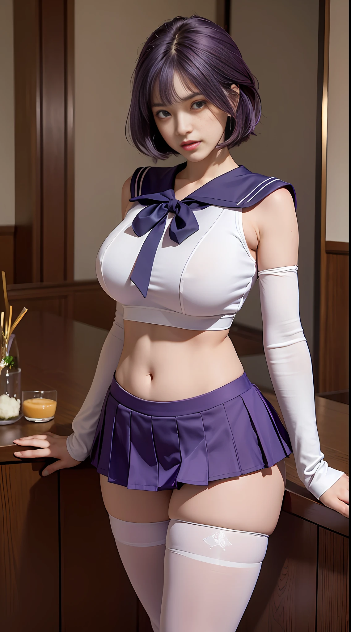 (Best Quality, Ultra High Resolution, Masterpiece, RAW Photo, Realism: 1.6), 16K, ((Sailor Saturn)), (1girl with open navel), (Huge: 2, Thick thighs: 3), (Purple collar: 2) (Purple miniskirt: 2), (Short purple hair: 1.8), White stockings, Mature smile, Snap horse, Dance Studio, Dynamic Light and Shadow, Award-winning work