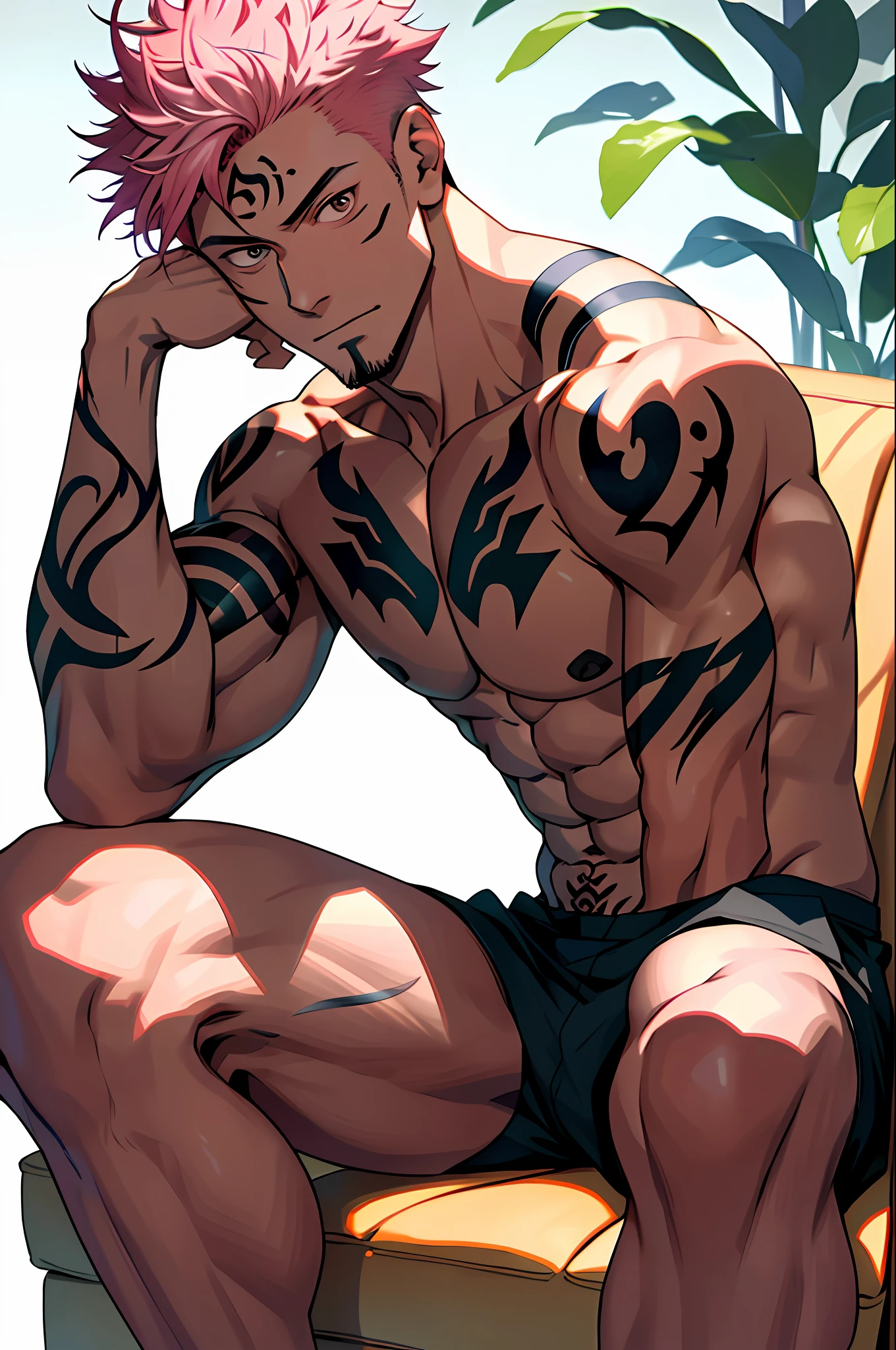 Best quality, masterpiece, expressionless, ultra high res, detailed background, solo, muscular male, short hair, sitting, sofa, real shadow and light,depth of field, Sukuna a man with pink hair and shirtless, tattoo_ryoumen, tattoo_on_his_face, eye focus, manly, mature,