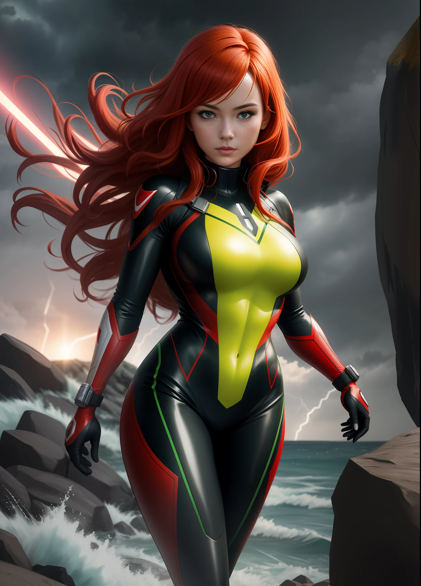 1 Female Kamen Rider/Ultraman/Spiderman, Gigantic Breasts, (knee-length red hair, movement in the wind) and (green eyes), wet suit and wet body, looking at the viewer, well defined and even body, she in a futuristic war field with a strong storm at night with thunder, Unreal Engine 5, Tokusatsu, Marvel, masterpiece, 16k, award winning, best quality, high details, textured skin, UHD, masterpiece, anatomically correct
