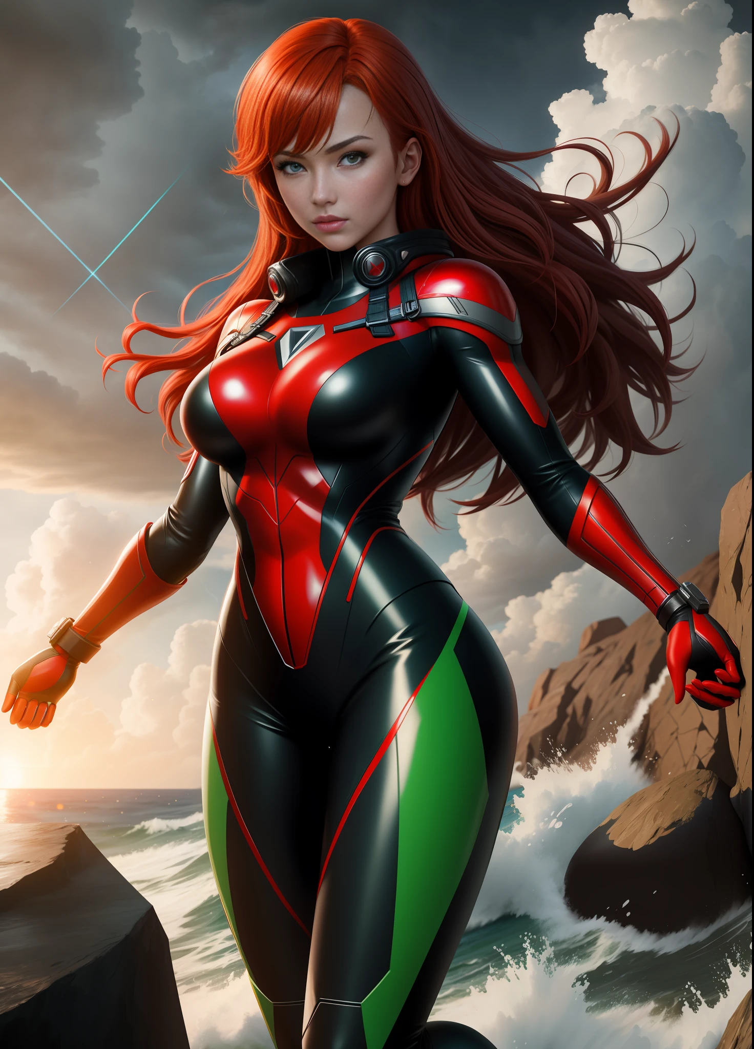 1 Female Kamen Rider/Ultraman/Spiderman, Gigantic Breasts, (knee-length red hair, movement in the wind) and (green eyes), wet suit and wet body, looking at the viewer, well defined and even body, she in a futuristic war field with a strong storm at night with thunder, Unreal Engine 5, Tokusatsu, Marvel, masterpiece, 16k, award winning, best quality, high details, textured skin, UHD, masterpiece, anatomically correct