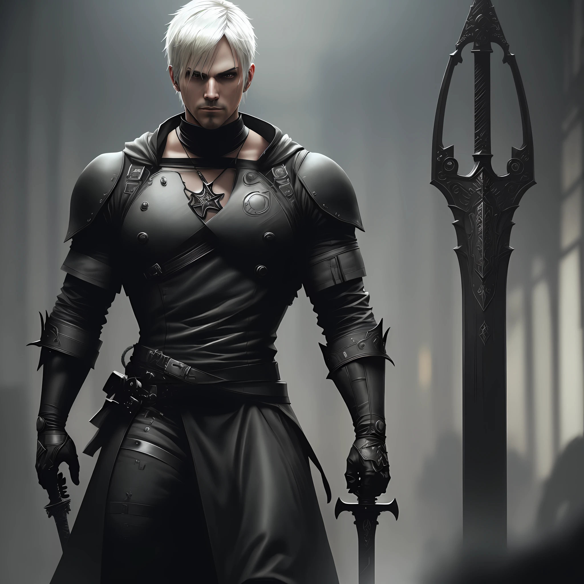 man with black clothing inspired by the game Nier Automata with a big sword on the back, 4k, high resolution, masterpiece, best quality, sharp focus, (cinematic lighting), [:(detailed face:1.2):0.2]
