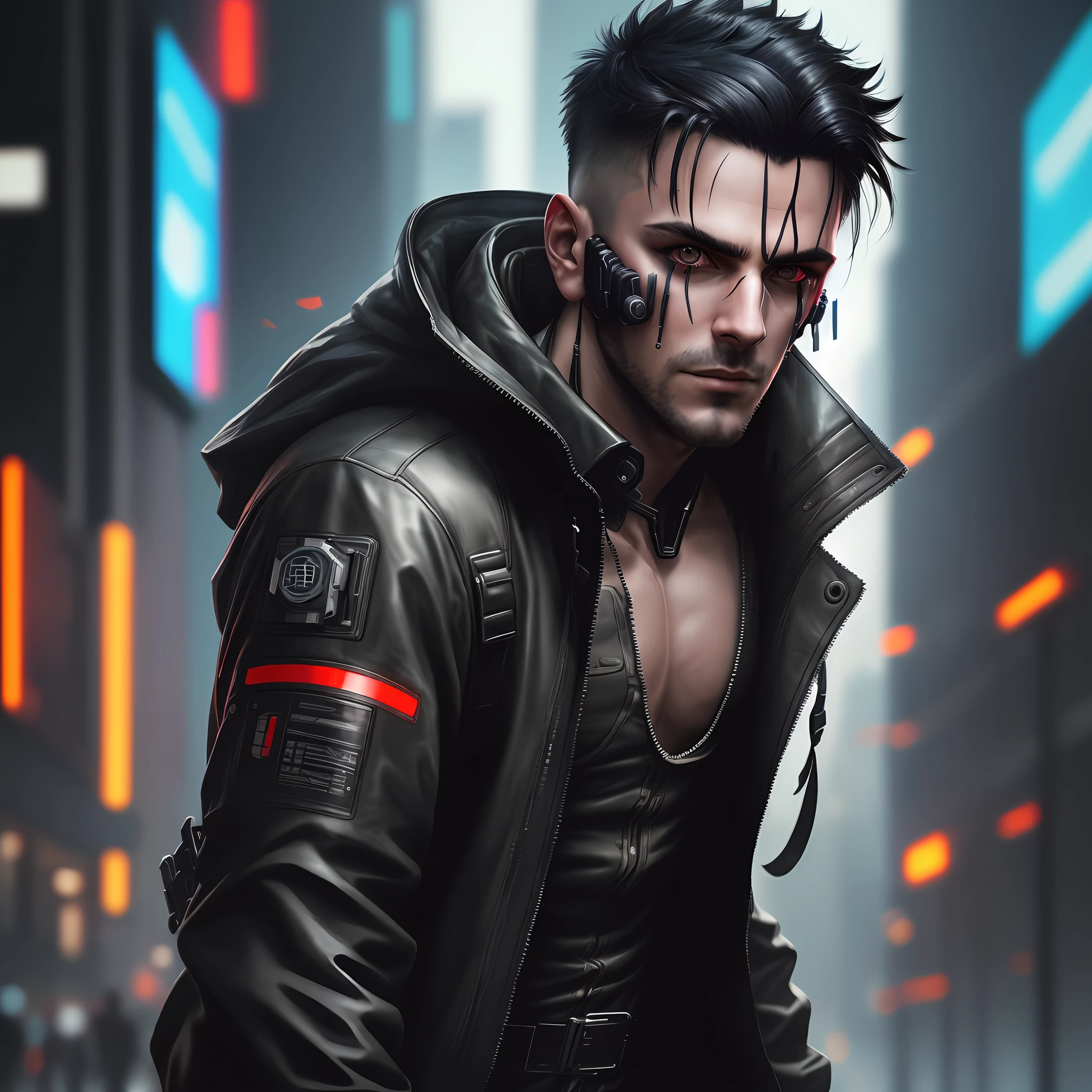 Man in cyberpunk outfit with black hair falling on face, 4k, high resolution, masterpiece, best quality, sharp focus, (cinematic lighting), [:(detailed face:1.2):0.2]