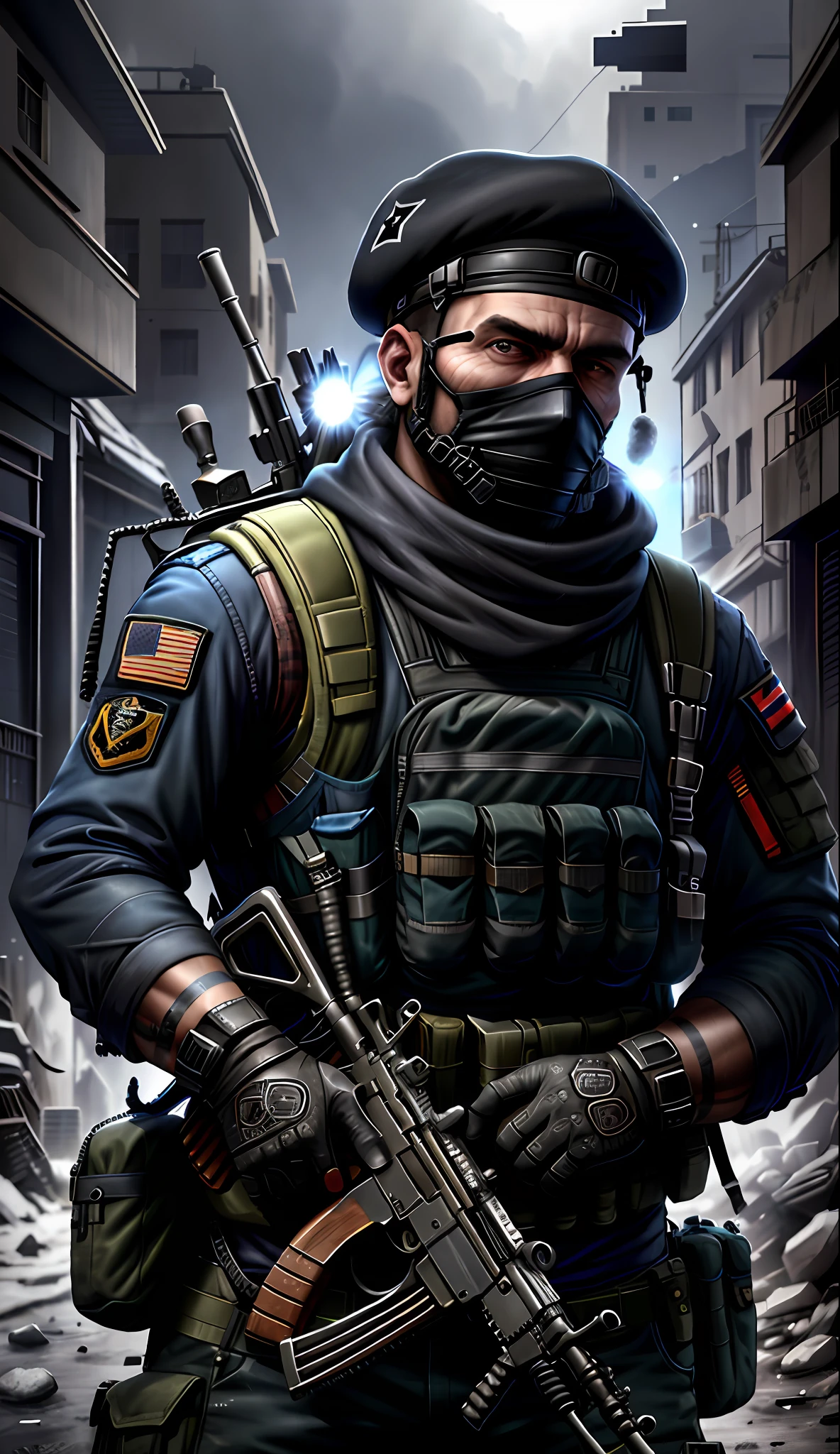 Soldier with black uniform and ak47 rifle, terrorist, ruined background, realistic, stylish, dark blue beret, black balaclava, tactical vest, intricate details, hyperdetailed, cinematic, rim light, danger atmosphere
