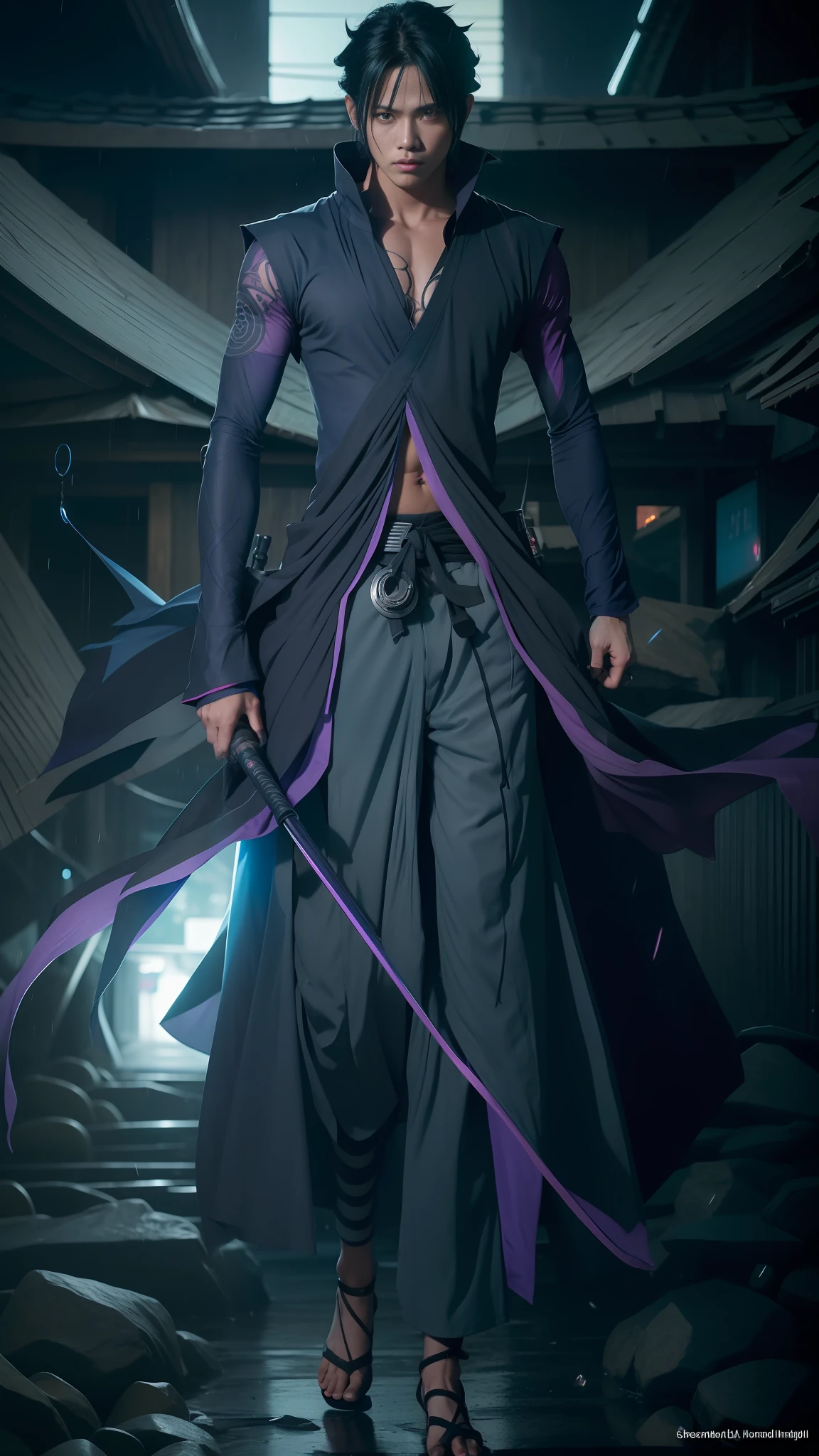 Sasuke Boruto, male male, muscular male, black hair, large pectorals, closed blue cape with purple vest underneath, long sleeve gray shirt, solo, outdoor, rain, neon city, red eyes sharigan, volumetric lighting, black robe, best quality, masterpiece, intricate details, tone mapping, sharp focus, hyper detailed, realistic.
