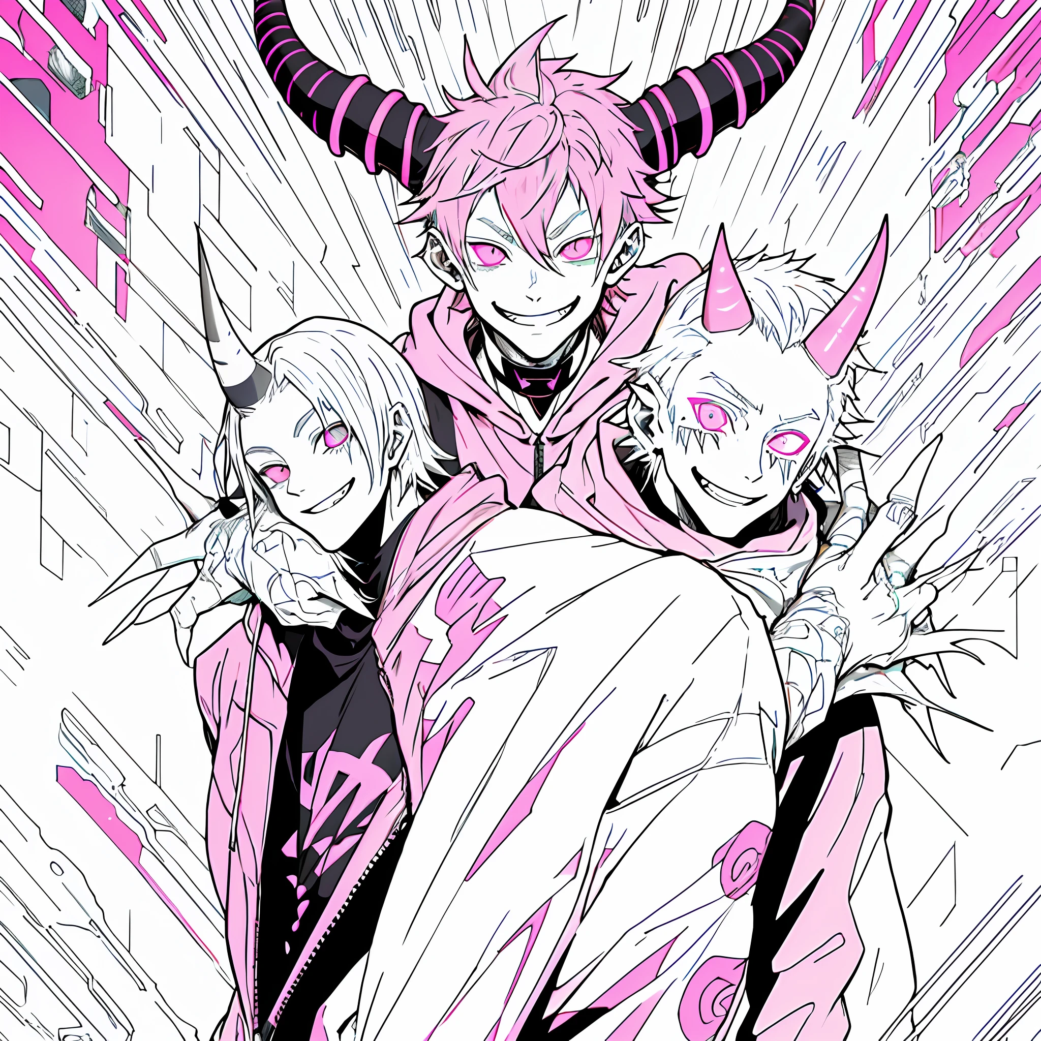 cartoon image of a man with a pink hoodie with horns, pink iconic character, artstyle anime, [[[Grinning evily]]]], Weirdcore voidpunk fursona, Unknown Artstyle, Bladee from Drain Gang, darksynth character portrait, crazy smile, ((Zerator)), nefarious smile