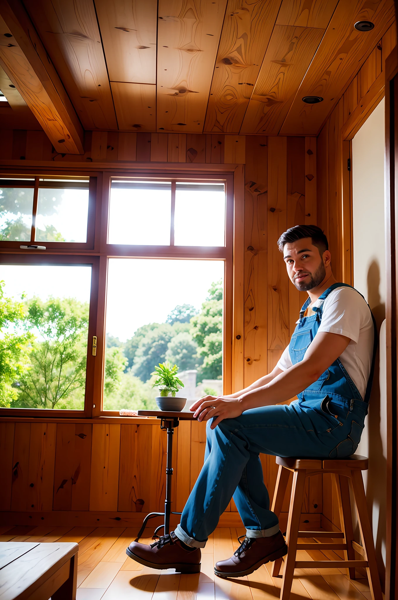 good hand,4k, high-res, masterpiece, best quality, head:1.3, dark hair, 31yo, a man, sitting on a wooden tabouret, doing pottery, finely detailed skin, wearing large overalls, focus, (cinematic lighting), blurry, short hair, layered cut, blond hair, light, .morning, soft lighting, dynamic angle, forest by the window, ray of light,othiadows, [:(detailed face:1.2):0.2], realistic, photo grain