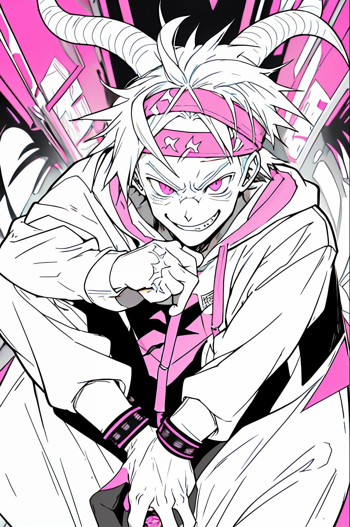 cartoon image of a man with a pink hoodie and a horned headband, pink iconic character, trigger anime artstyle, [[[[grinning evily]]]], weirdcore voidpunk fursona, unknown artstyle, bladee from drain gang, darksynth character portrait, mad grin, ((zerator)), nefarious smirk