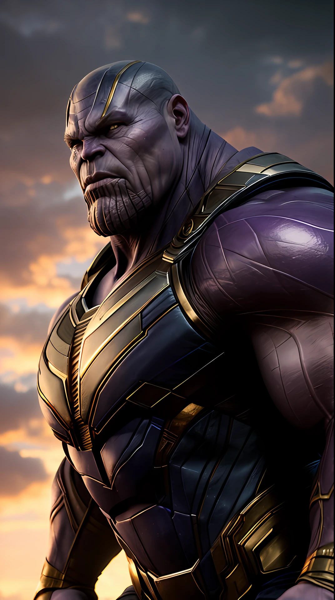 Cinematic soft lighting illuminates a stunningly detailed and ultra-realistic thanos, super strong, muscular, that is trending on ArtStation. Octane is the perfect tool to capture the softest details of this 16k photography masterpiece